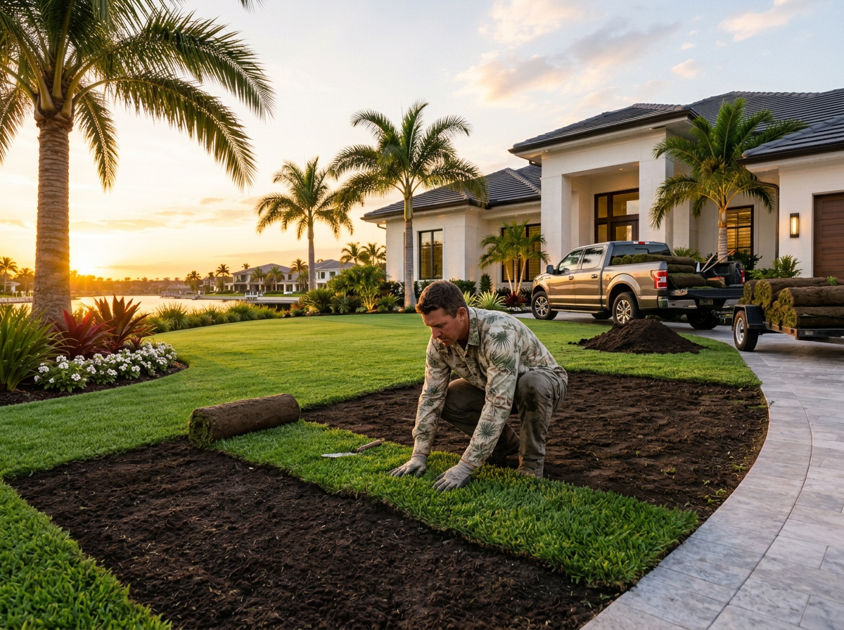 A man landscaping the front lawn of a luxurious house with palm trees during sunset.