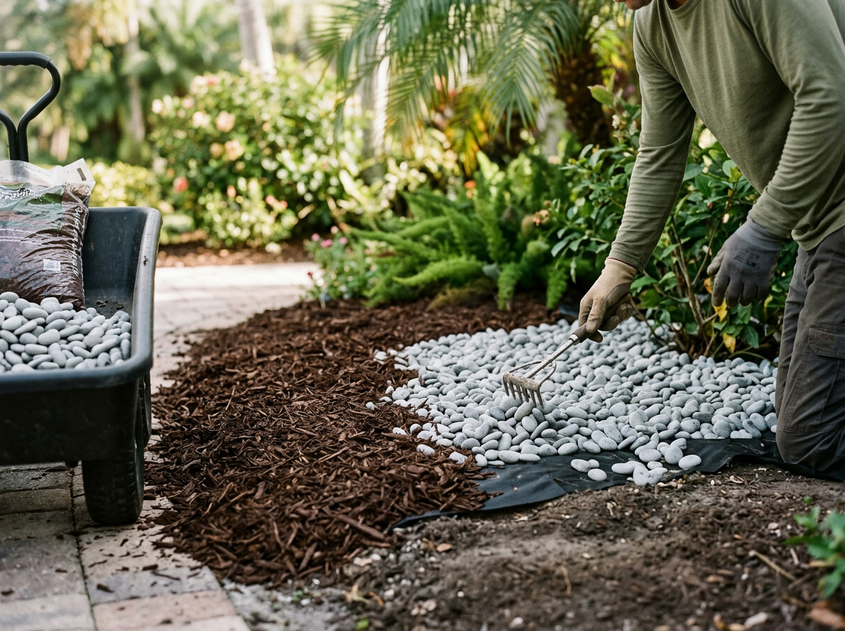 Person gardening, spreading white stones on black landscape fabric in a garden bed, surrounded by green plants and mulch.