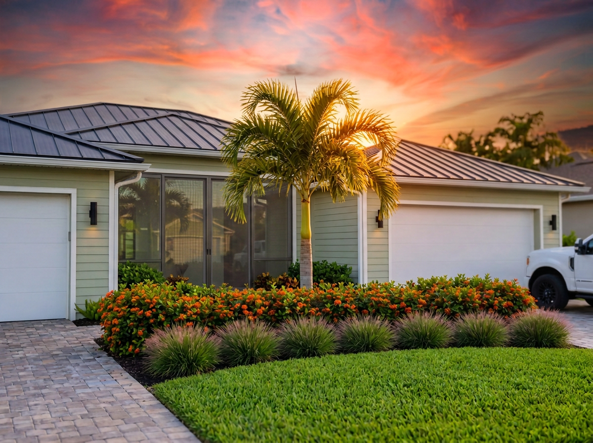 A house with a metal roof, a driveway paved with bricks, and a landscaped front yard featuring a small palm tree, orange flowering bushes, and ornamental grasses, with a sunset sky in the background.