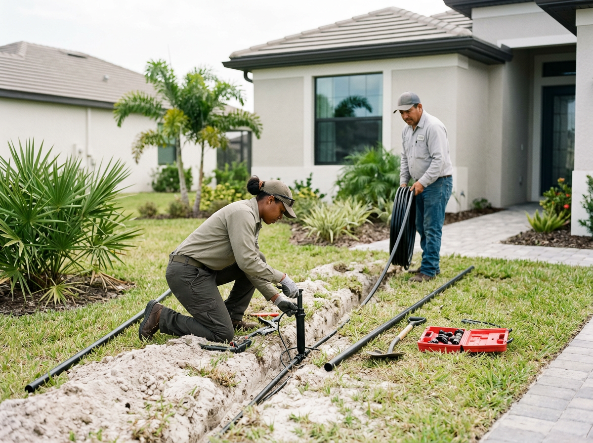 Two workers installing irrigation pipes in a residential front yard, with gardening tools and equipment nearby.