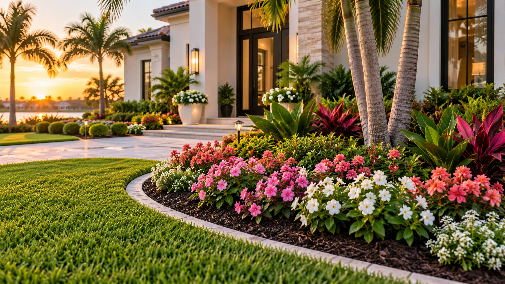Front yard landscaping with colorful flowers, palm trees, and a modern house during sunset.