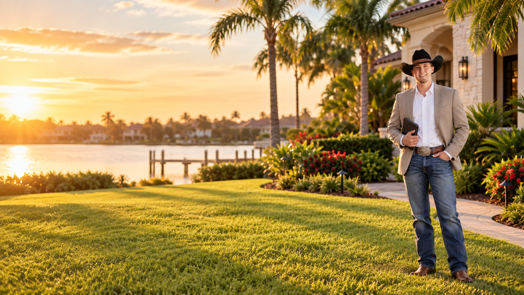 A man standing on a lush green lawn near a waterfront in the late afternoon, smiling and holding a tablet, wearing a cowboy hat, light-colored blazer, white shirt, and jeans, with palm trees and a house in the background.