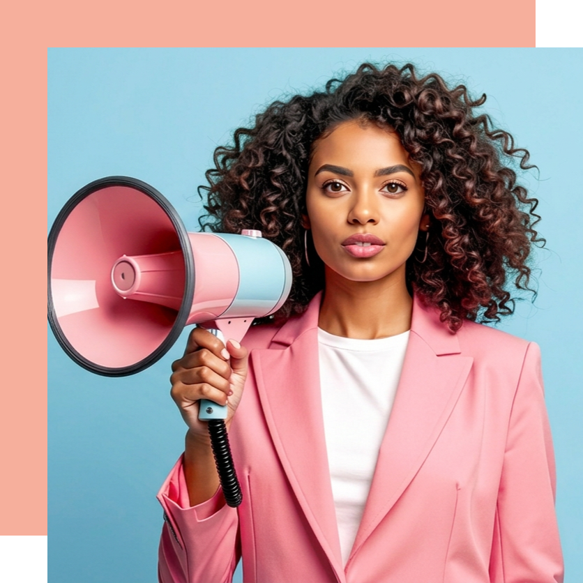 Woman in a pink blazer holding a pink megaphone against a blue background.