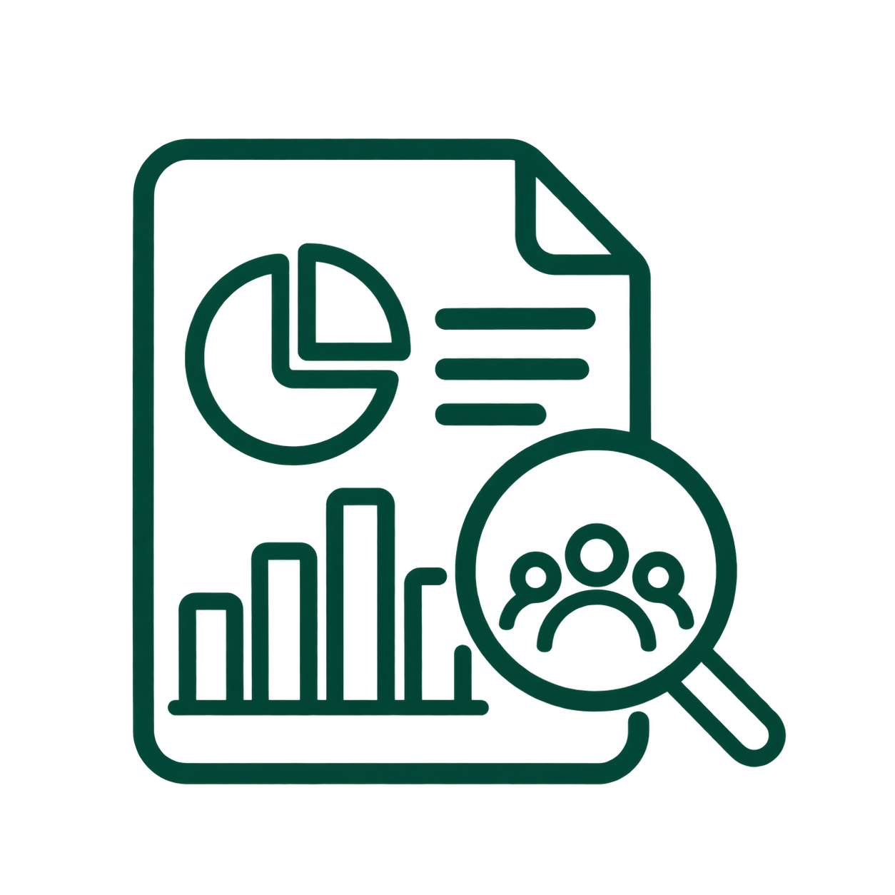 Digital illustration of a financial report or data analysis with charts, a magnifying glass focusing on a group of people icon, and bar and pie charts.