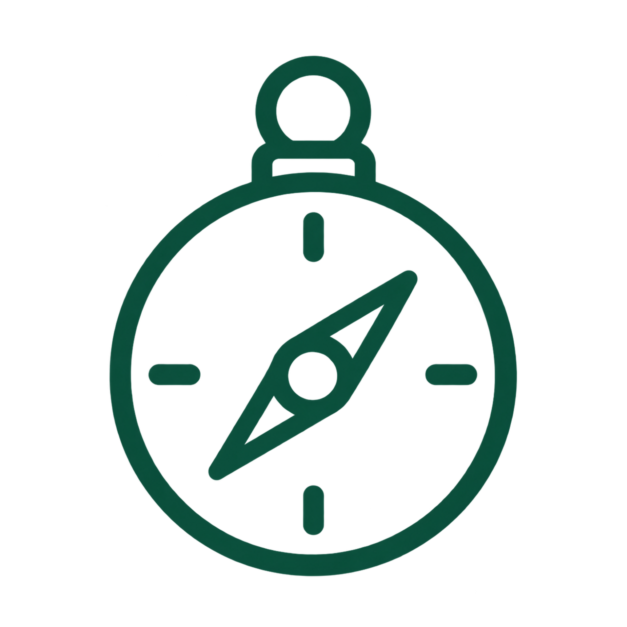 Outline of a stopwatch with a shadow, featuring a stylized compass needle inside the face.