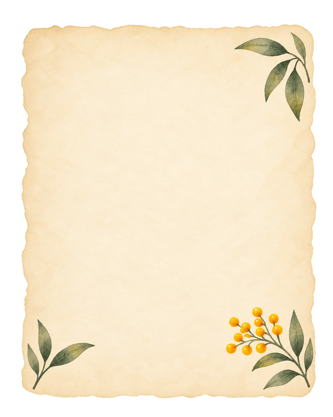 Decorative paper with a beige background, torn edges, and watercolor leaves in the top right and bottom left corners, with yellow berries in the bottom right corner.