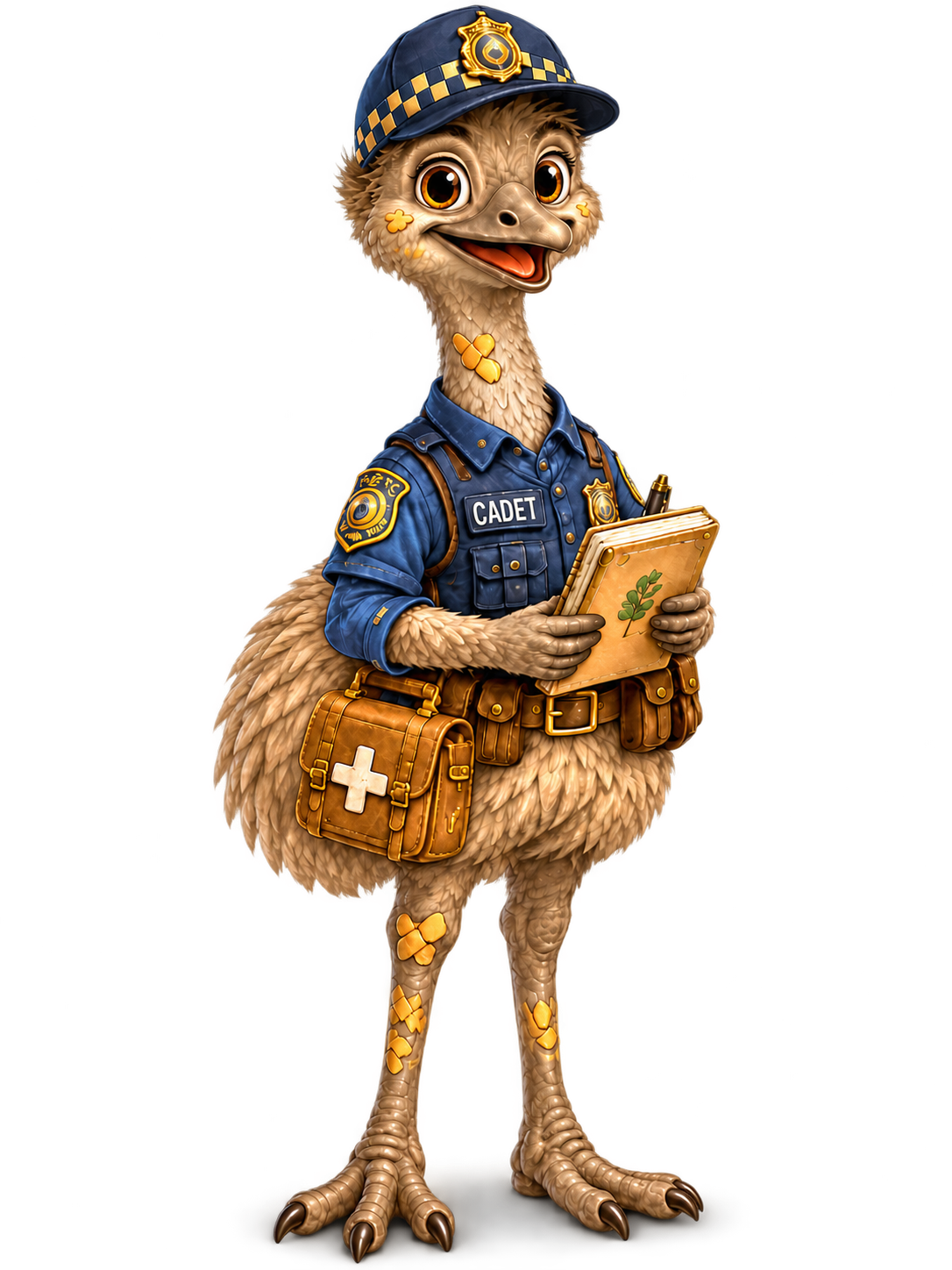 Anthropomorphic emu dressed as a police officer, holding a clipboard, wearing a police hat, a blue uniform with a badge, and carrying a medical bag.