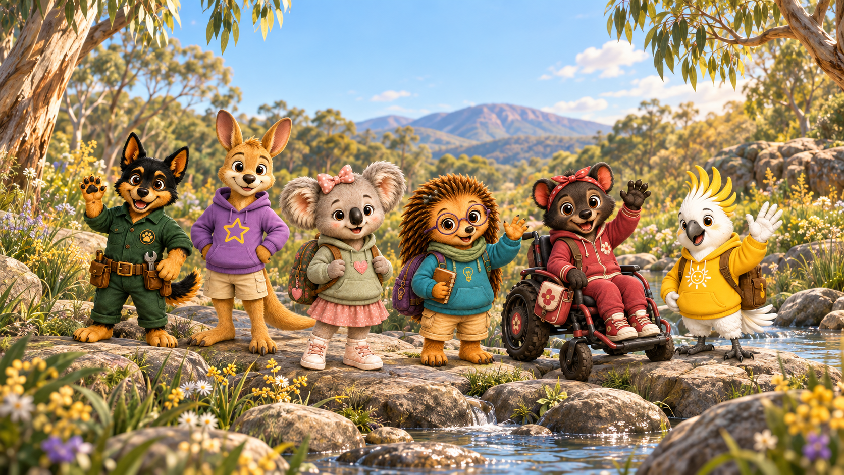 Seven animated animal characters, including a dog, fox, koala, porcupine, raccoon, and cockatoo, standing on rocks in a forest stream with mountains and blue sky in the background.