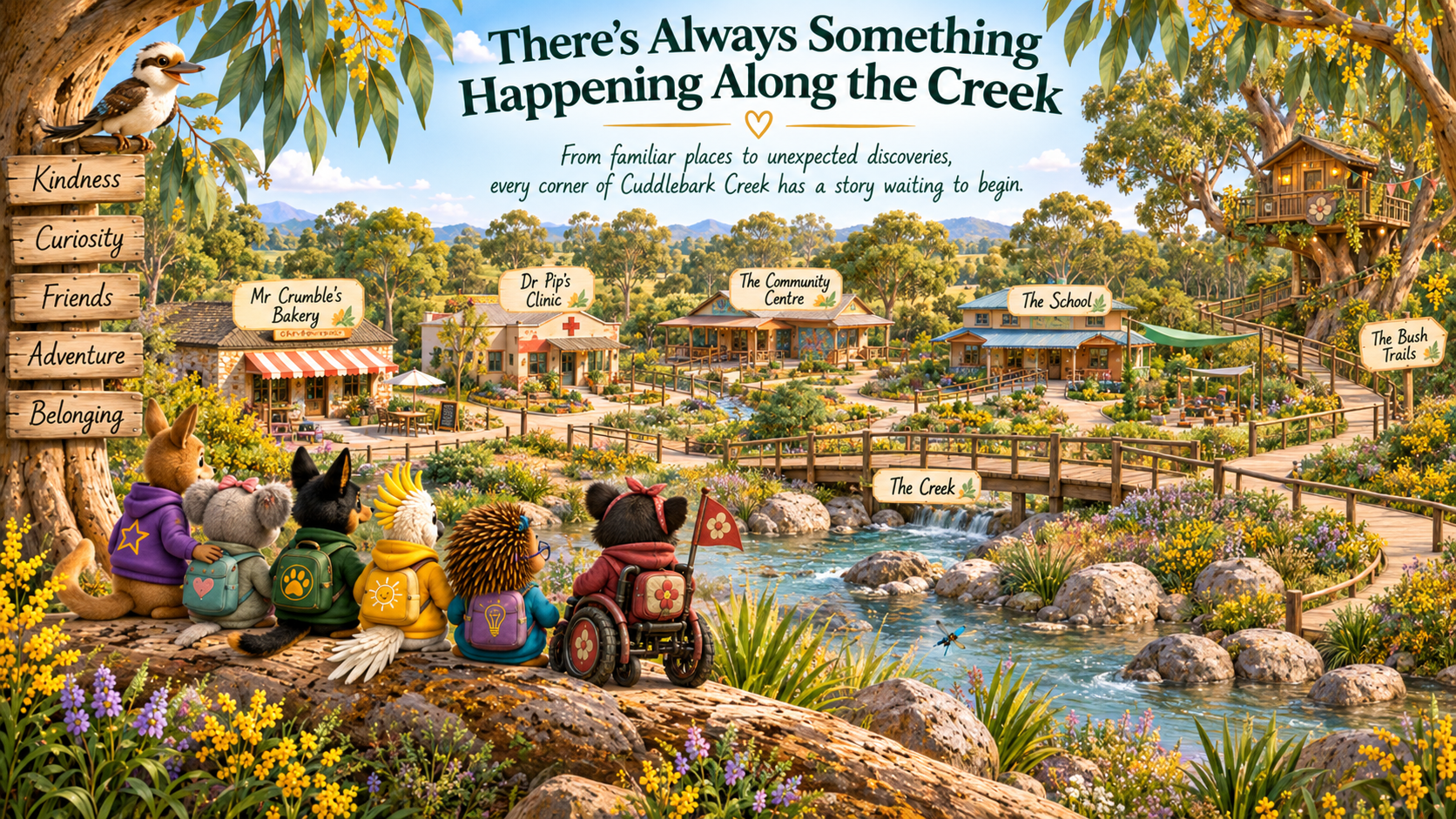 A colorful illustration of a creekside community with animals sitting on a log, overlooking a scenic creek and buildings labeled Mr. Crumble's Bakery, Dr. Pip's Clinic, The Community Centre, The School, and The Bush Trails. The animals are wearing backpacks and holding a flag, and a tree with a treehouse is on the right. Signs on the left list themes: Kindness, Curiosity, Friends, Adventure, Belonging.