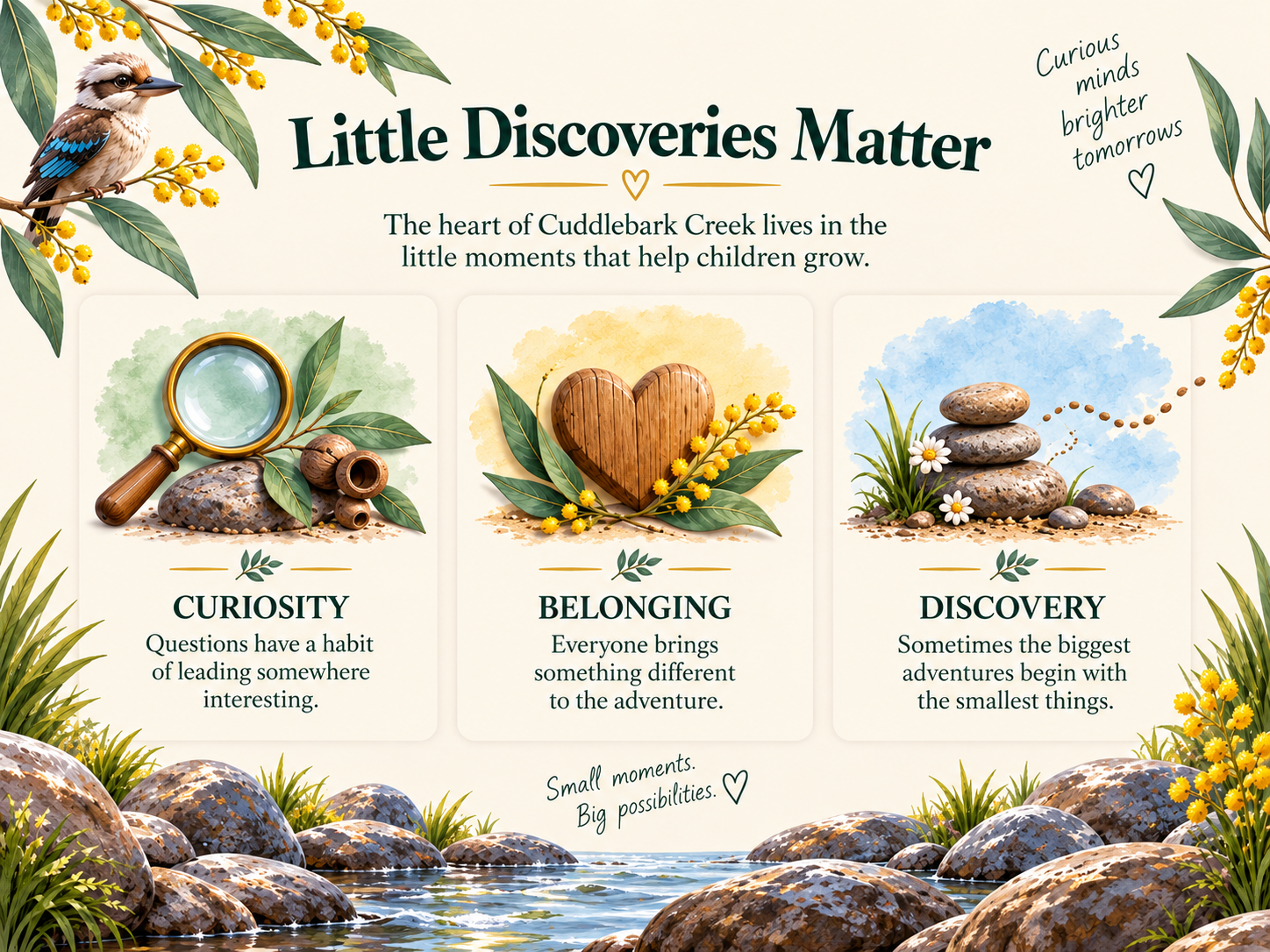 An illustrated poster titled "Little Discoveries Matter" with three sections: Curiosity, Belonging, and Discovery. The poster features nature-inspired artwork of a bird, stones, leaves, and flowers, emphasizing themes of exploration and growth in children.