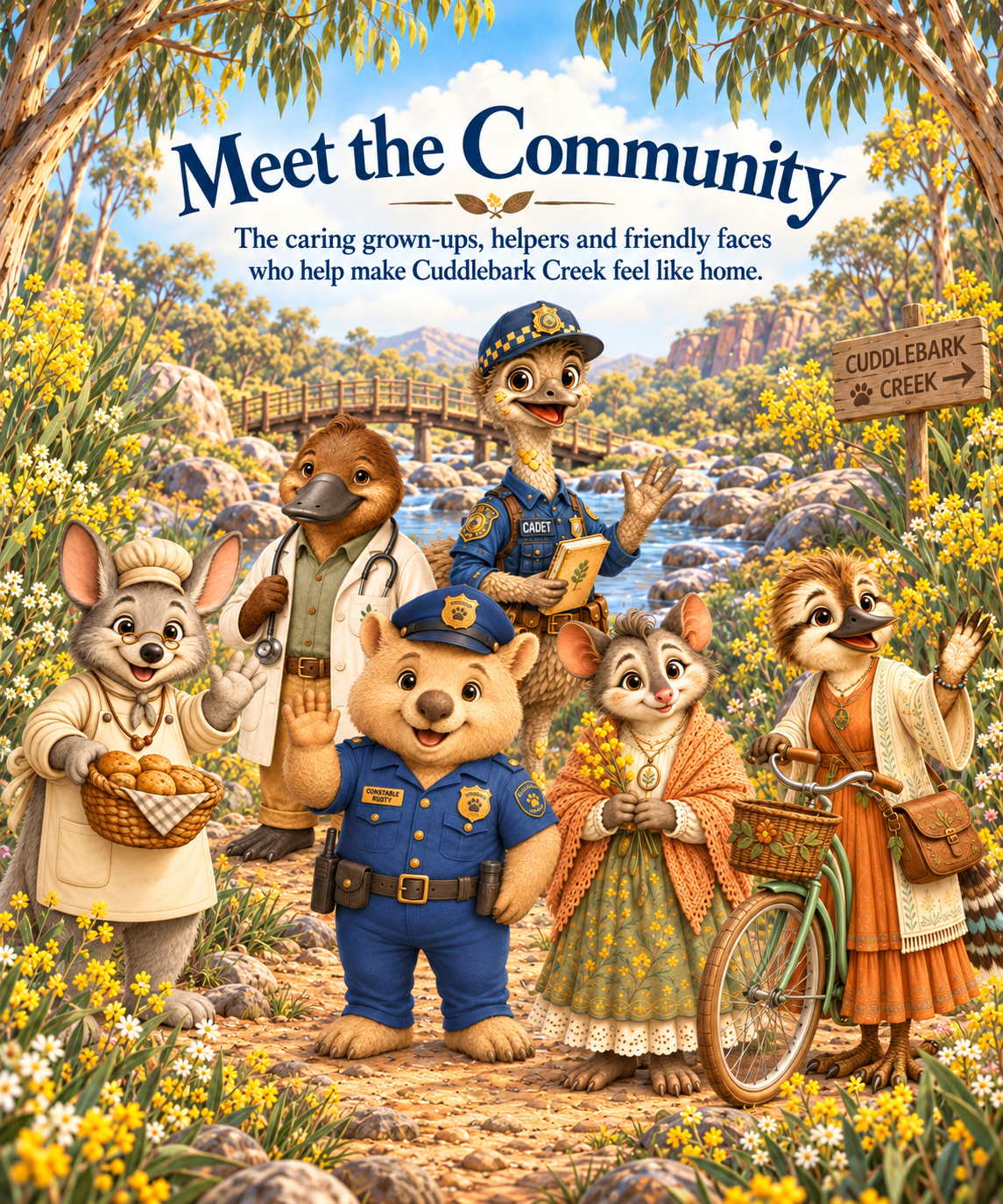 Animated animals dressed as community helpers standing on a dirt path surrounded by wildflowers, with a river and bridge in the background. A fox in police uniform, a bear in police uniform, a dog in veterinarian coat, a rabbit with cookies, a bird in casual clothes with a bicycle, a bird in a police uniform, and a bird in a sheriff uniform waving and smiling.
