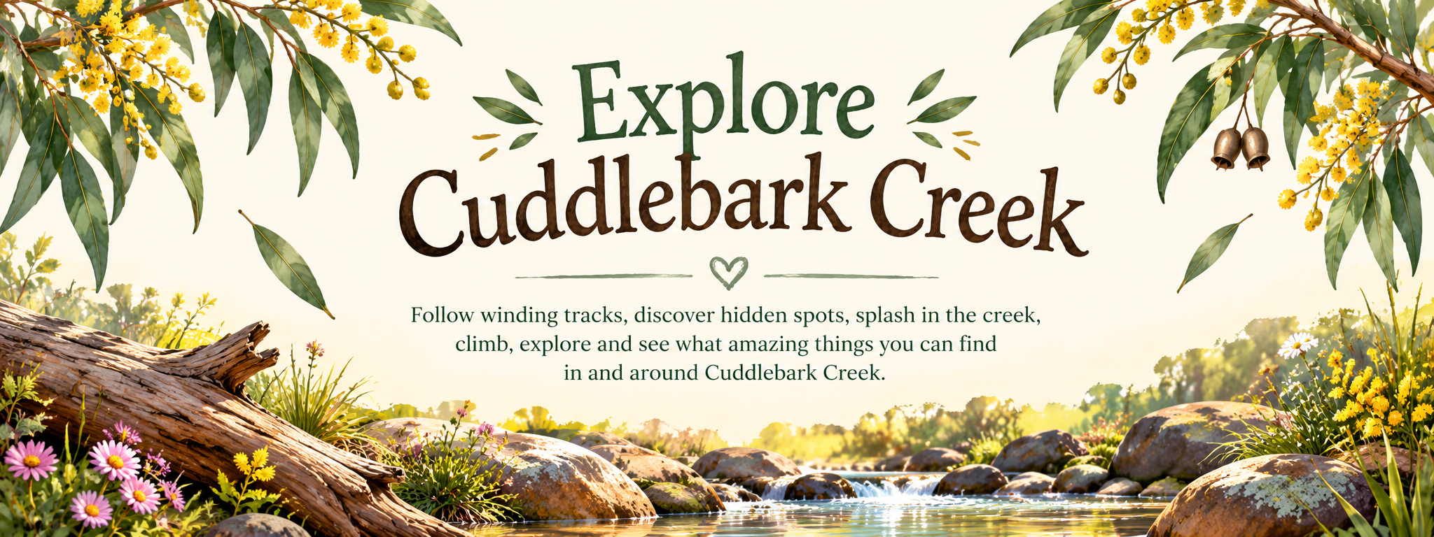 Illustration of a creek with rocks, yellow and pink flowers, green trees, and hanging yellow flowers, promoting exploring Cuddlekark Creek.
