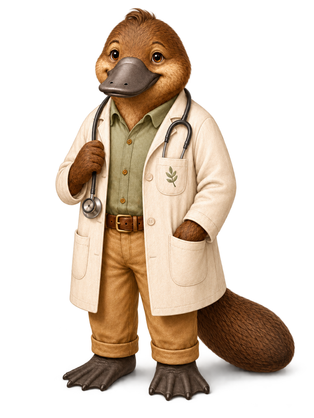 An anthropomorphic platypus character dressed as a doctor with a stethoscope, glasses, and medical coat.