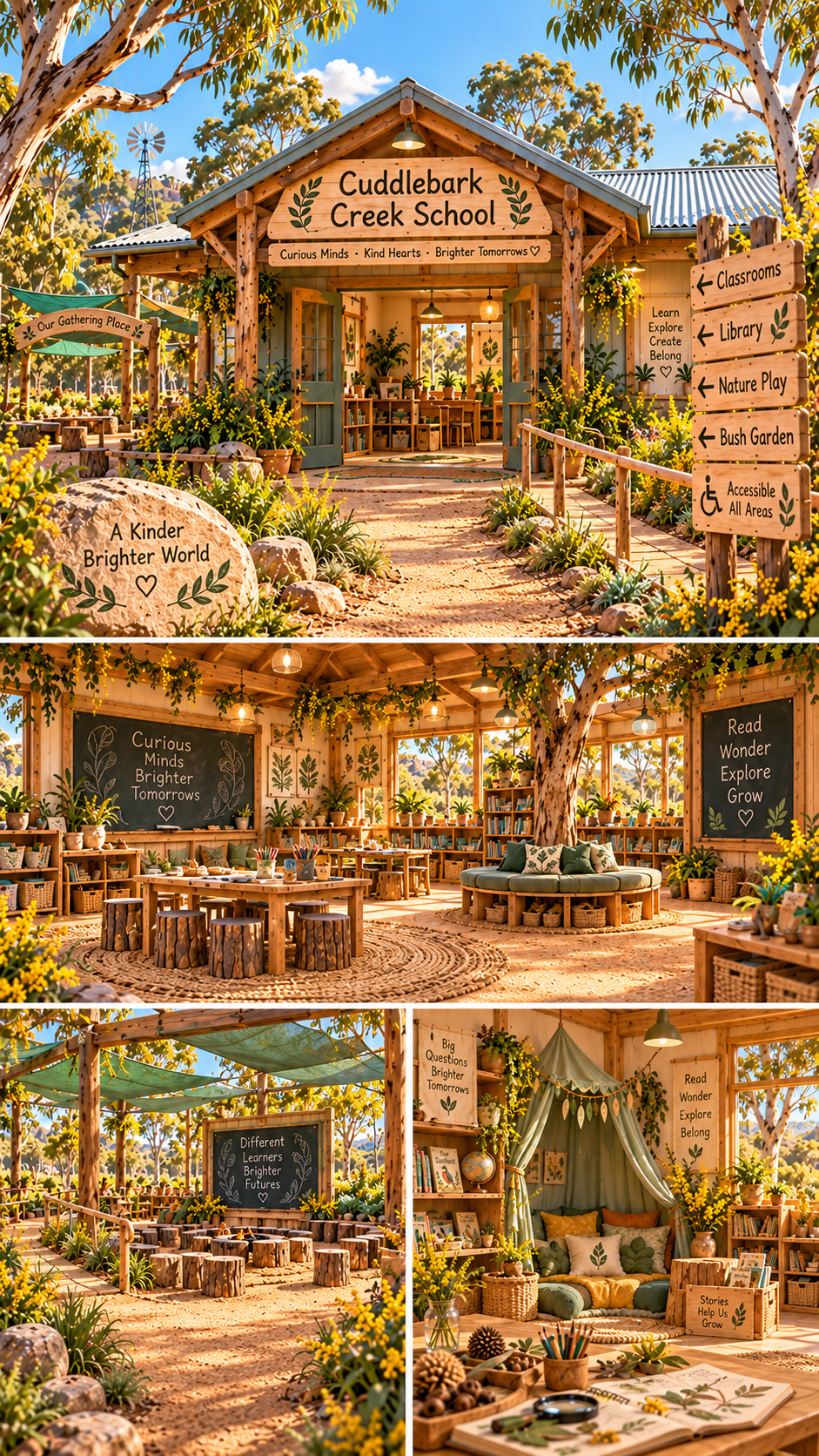 A welcoming, eco-friendly school building named Cuddlepark Creek School surrounded by trees and yellow flowers with signs indicating classrooms, library, nature play, bush garden, and accessibility, with outdoor gathering areas, indoor reading nooks, and creative learning spaces decorated with plants, books, and rustic furniture.