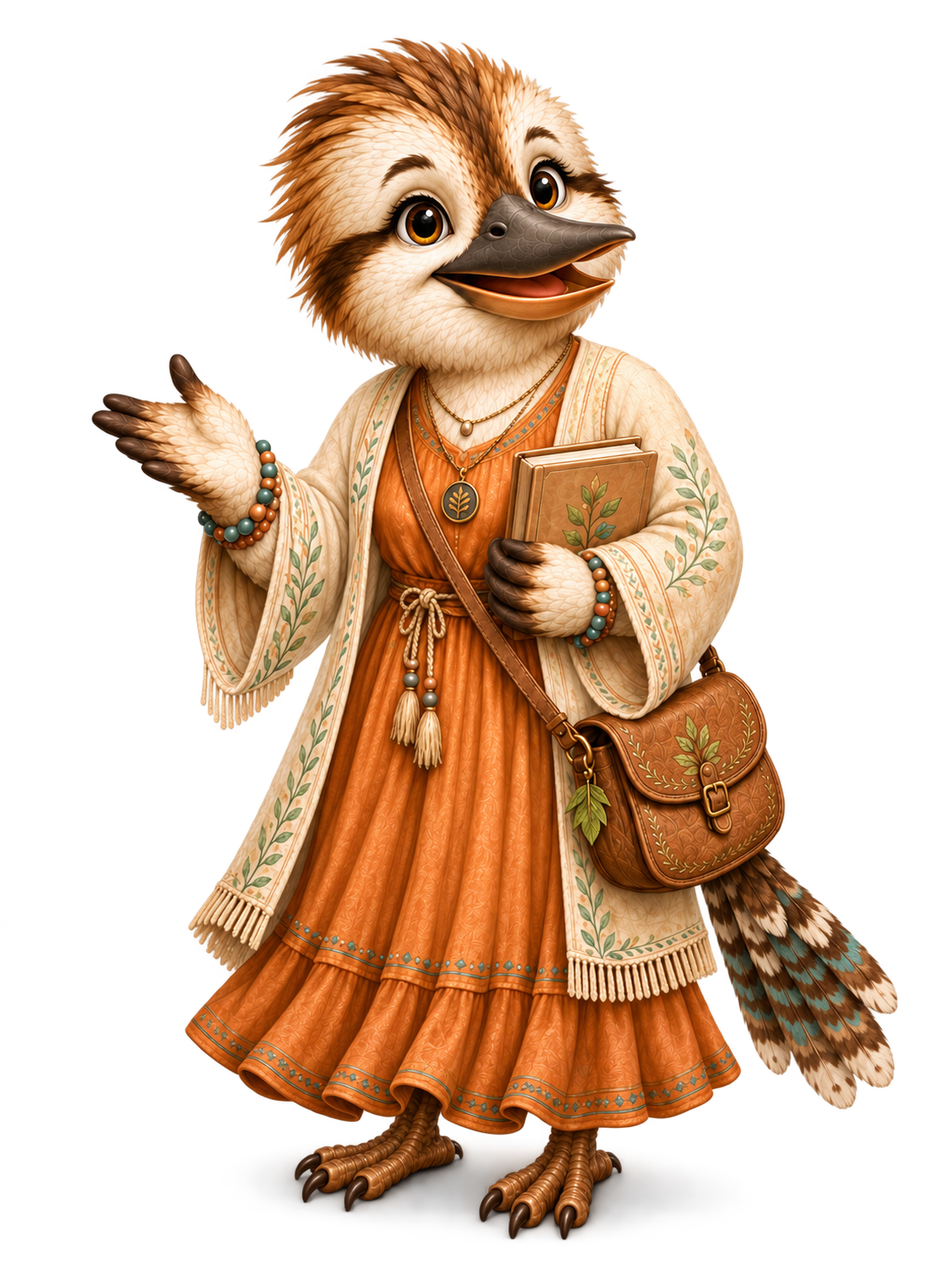 A cartoon anthropomorphic KOOKABURRA character dressed as a scholar or teacher, holding a book, wearing a beige outer garment with green leaf patterns, an orange dress, jewelry, and carrying a brown crossbody bag.