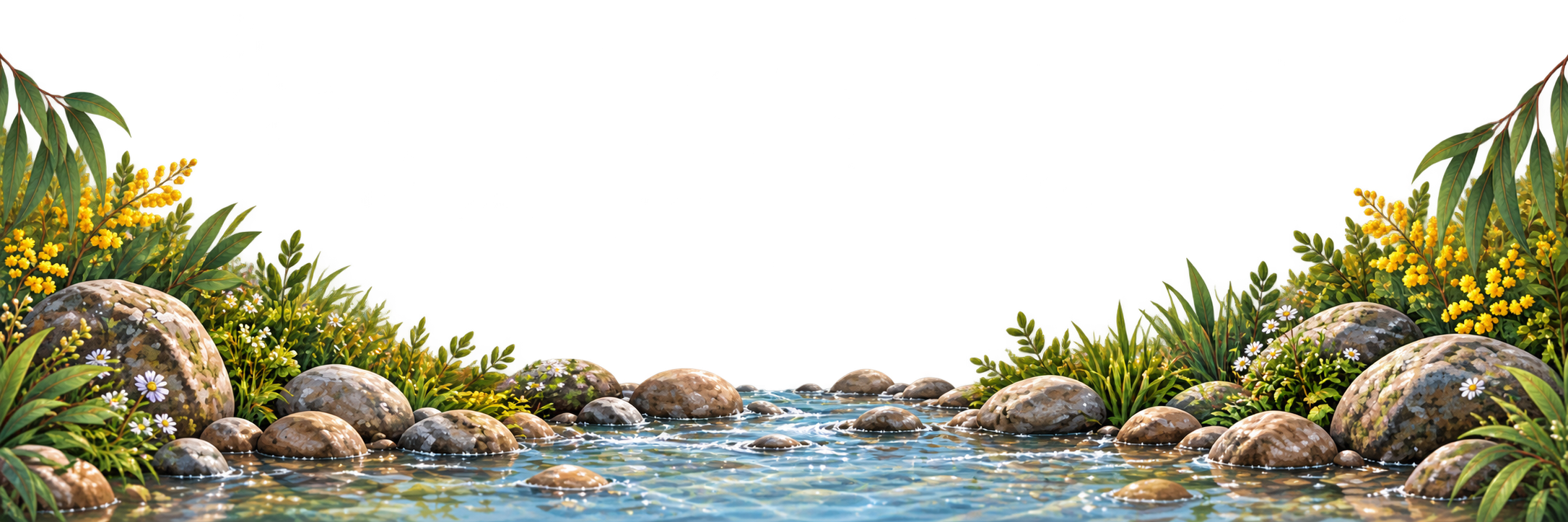 A peaceful river flowing over rocks with lush green plants and yellow and white wildflowers along the banks.