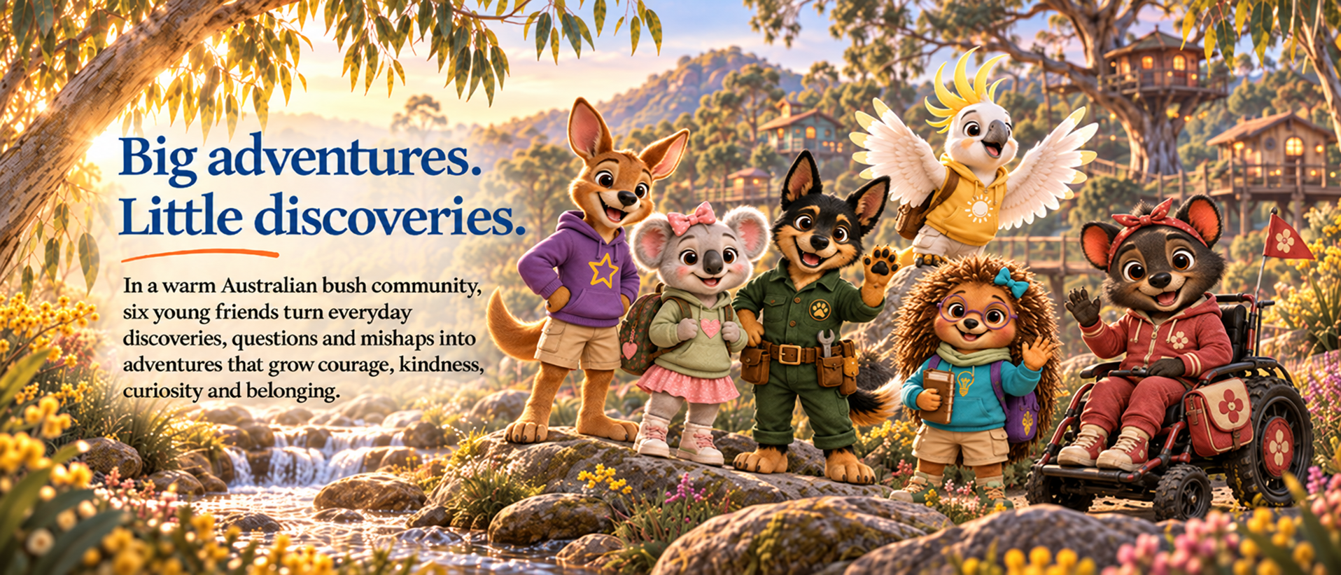 Cuddlebark Creek hero image featuring Kiki, Lulu, Banjo, Sunny, Poppy and Tessa together beside a flowing Australian bush creek, surrounded by gum trees, native wildflowers and warm rustic bush buildings in the background.