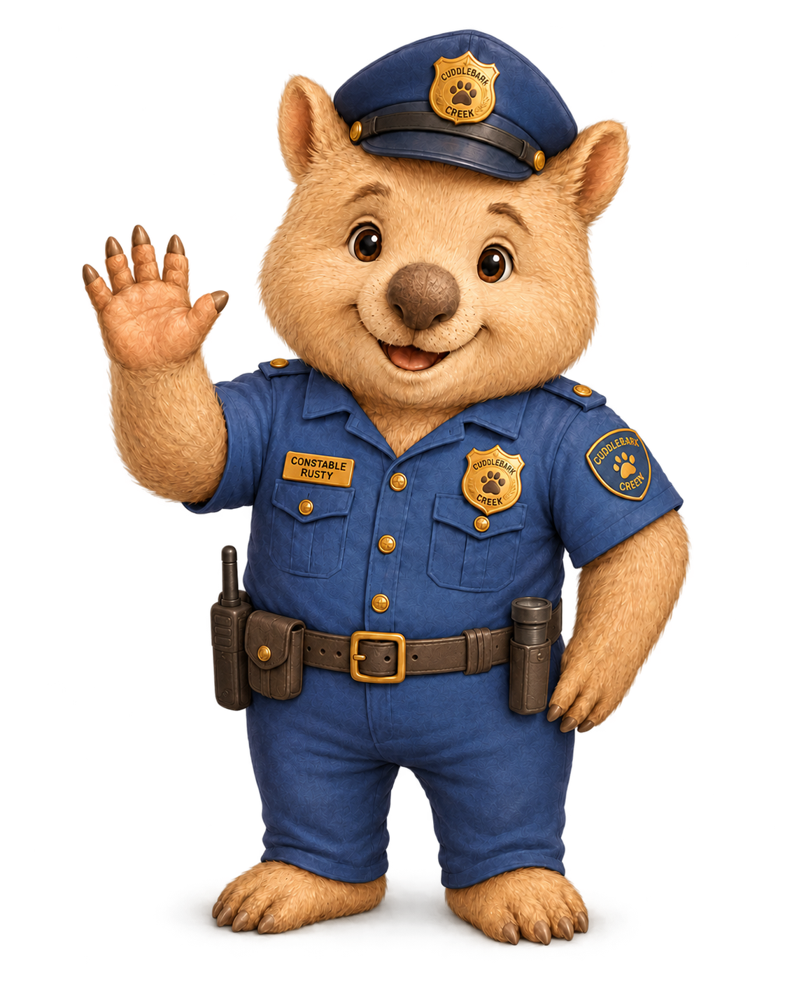 Animated bear dressed as a police officer, wearing a blue uniform and hat, waving with a friendly expression.