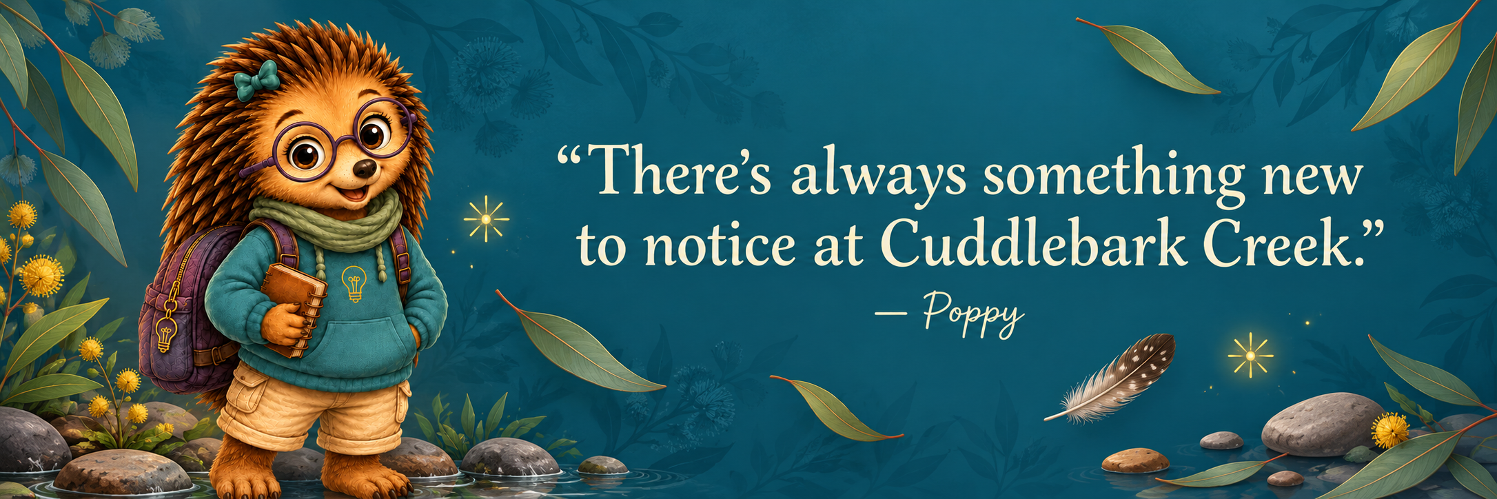 Animated hedgehog character with glasses, a backpack, and a scarf, standing by a creek with rocks and yellow flowers, holding a notebook, with a quote: 'There’s always something new to notice at Cuddlebank Creek.' by Poppy, surrounded by leaves and sparkles.