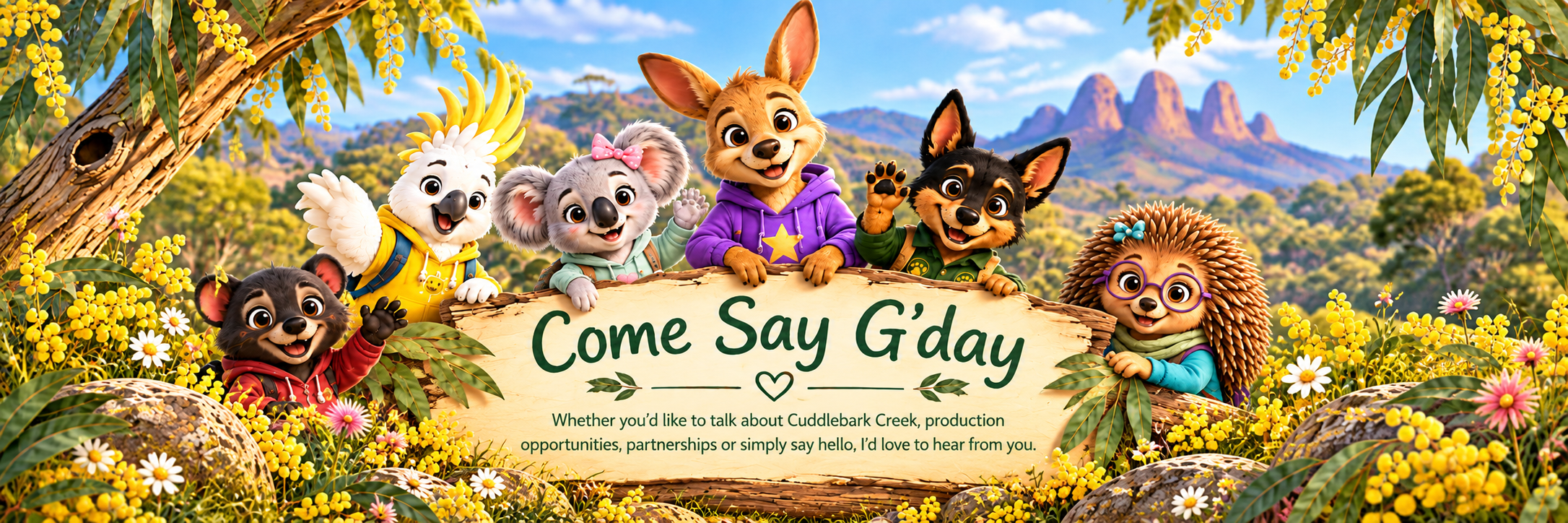 Animated characters of various animals behind a wooden sign that reads 'Come Say G'day' surrounded by yellow and white flowers, with a scenic mountain landscape and blue sky in the background.
