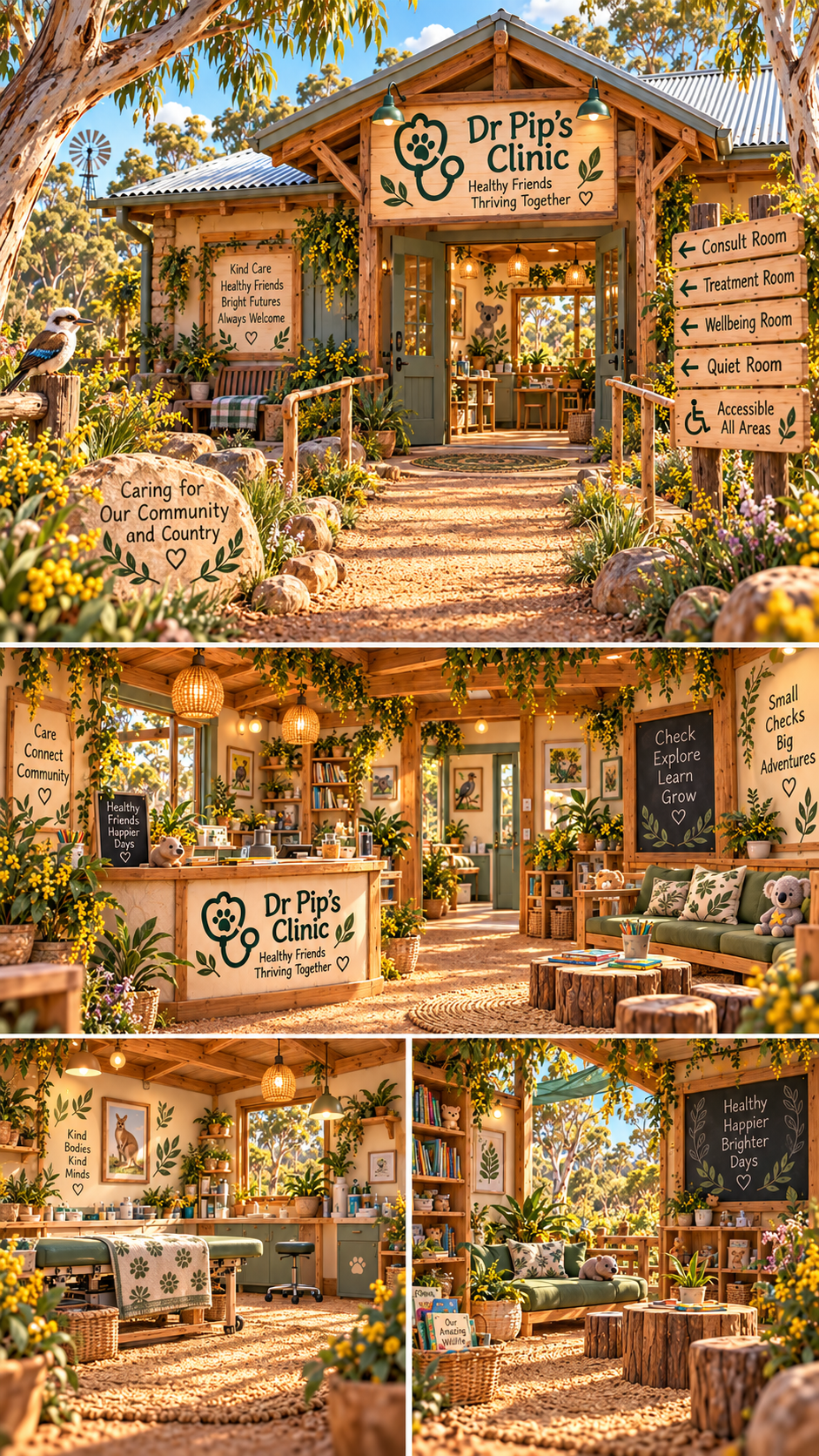 The image shows a cozy, garden-themed veterinary clinic named Dr Pip's Clinic, with a rustic wooden exterior surrounded by flowers and rocks, and signs indicating various rooms such as consultation, treatment, and wellbeing rooms, along with interior shots of a welcoming, nature-inspired interior with plants, books, artwork, and cozy seating areas.