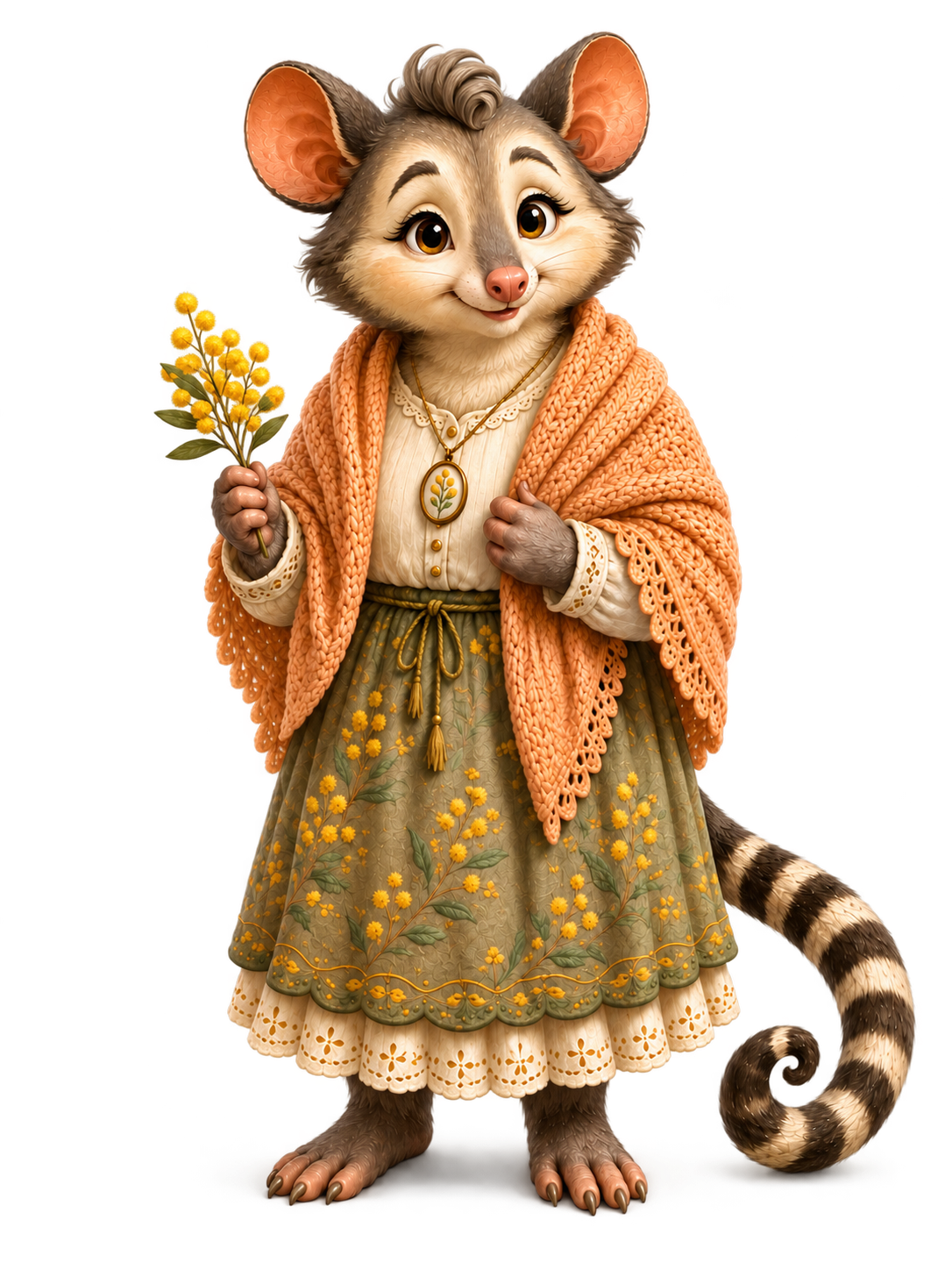 An anthropomorphic ringtail possumncharacter dressed in vintage clothing, holding yellow flowers, wearing a lace-trimmed skirt, a cream blouse, a crocheted orange cardigan, and a pendant necklace, standing with a cheerful expression.