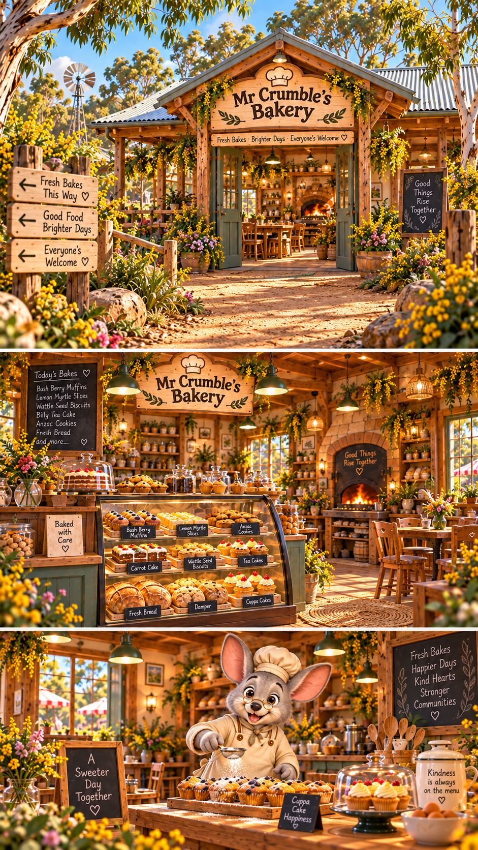 Charming bakery with wooden exterior and interior filled with baked goods, flowers, and warm lighting. The outdoor signs highlight fresh baked goods, good food, and welcoming atmosphere. Inside, shelves display pastries and cookies, with a cheerful mouse mascot serving cupcakes. Decor includes plants, signs with positive messages, and cozy seating.