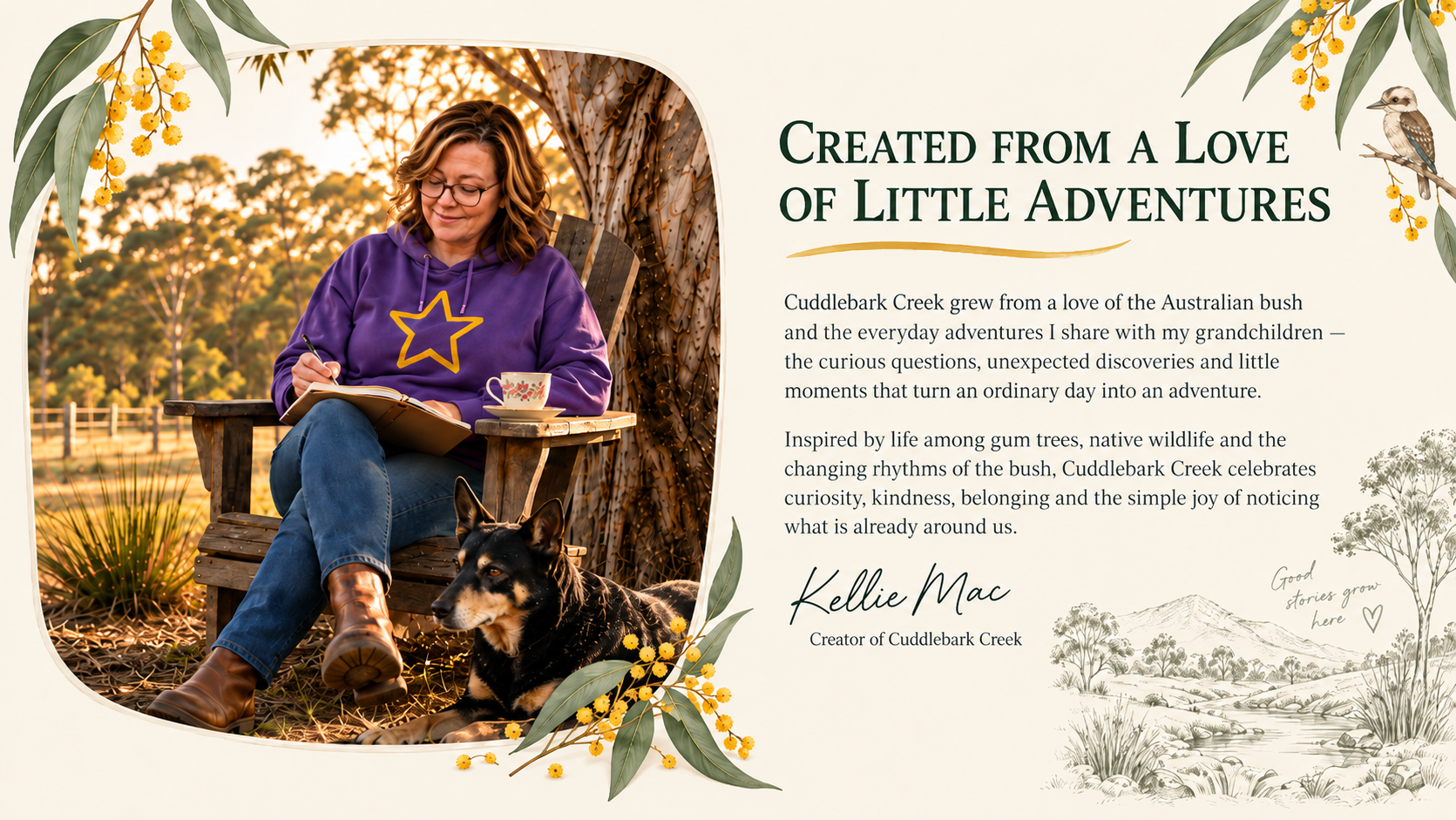 A woman sitting outdoors on a wooden chair, wearing a purple hoodie with a yellow star and glasses, writing in a notebook with a cup of tea nearby. A dog is lying in front of her. The scene is set during sunset with trees in the background. The image is part of a promotional graphic with decorative leaves, yellow flowers, and an illustrated landscape on the right side.