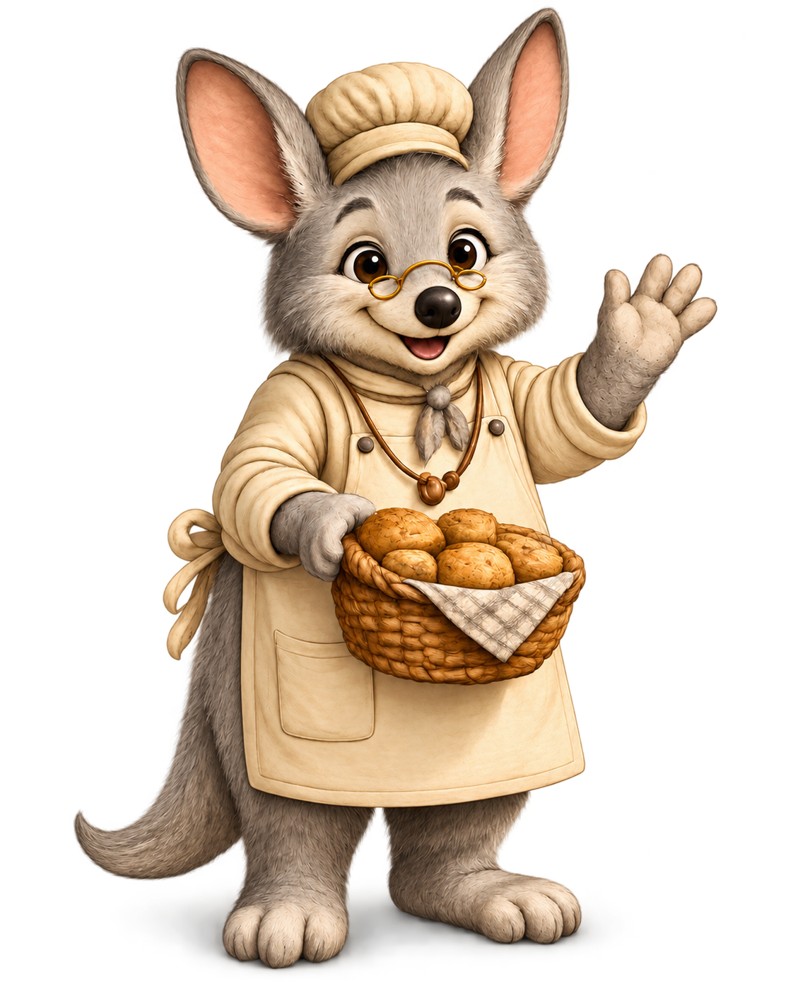 Anthropomorphic quokka character dressed as a baker holding a basket of cookies and waving.