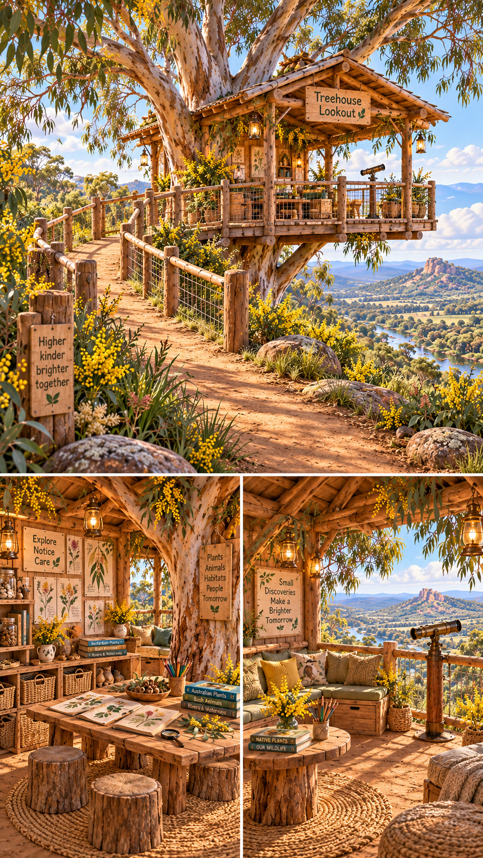 A treehouse lookout built into a large tree with a wooden walkway and railing, overlooking a scenic landscape with mountains and a river. The treehouse is decorated with hanging lanterns and plants. Inside, there are educational and nature-themed displays, books, and seating areas with cushions, surrounded by natural textures like wood and woven rugs.