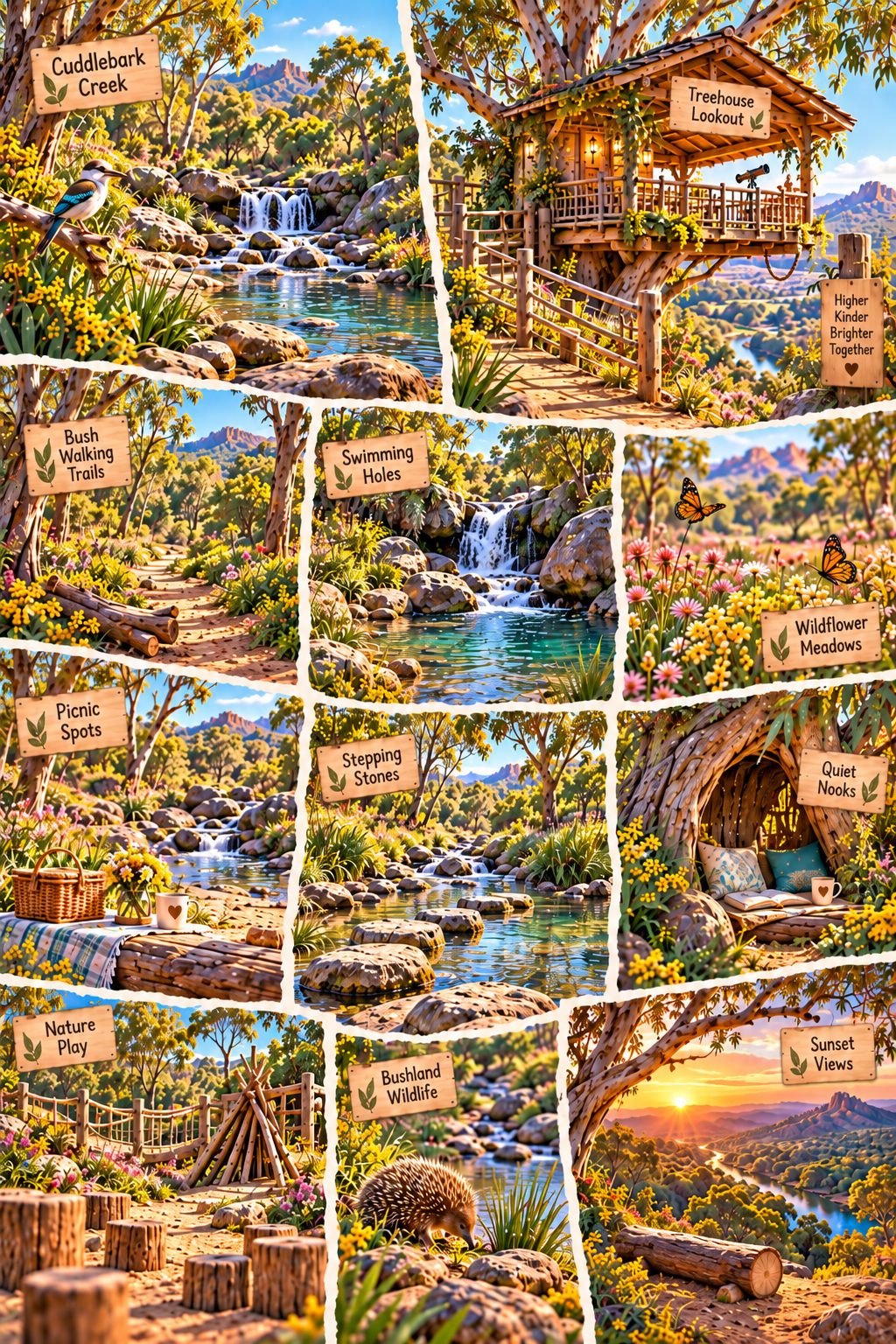 Colorful illustrated scene of a nature park with hiking trails, waterfalls, a treehouse lookout, wildflower meadows, quiet nooks, sunset views, and wildlife such as a bird, butterfly, and hedgehog. Various signs label different areas like Cuddlebark Creek, Bush Walking Trails, Swimming Holes, and Bushland Wildlife.