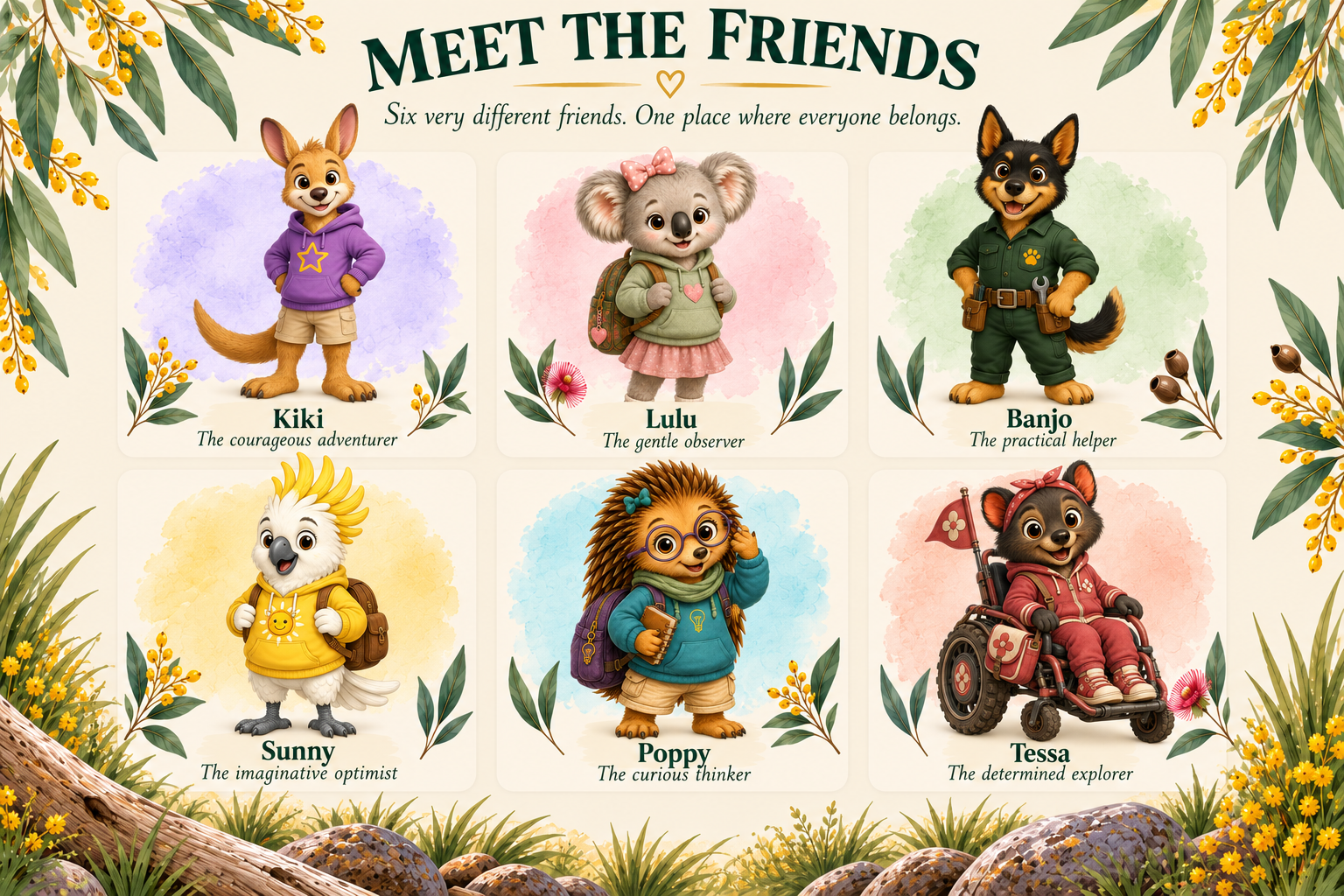 Illustration of six anthropomorphic animals, each with a name and personality description, surrounded by leaves and yellow flowers. Top row: Kiki, the courageous adventurer; Lulu, the gentle observer; Banjo, the practical helper. Bottom row: Sunny, the imaginative optimist; Poppy, the curious thinker; Tessa, the determined explorer.