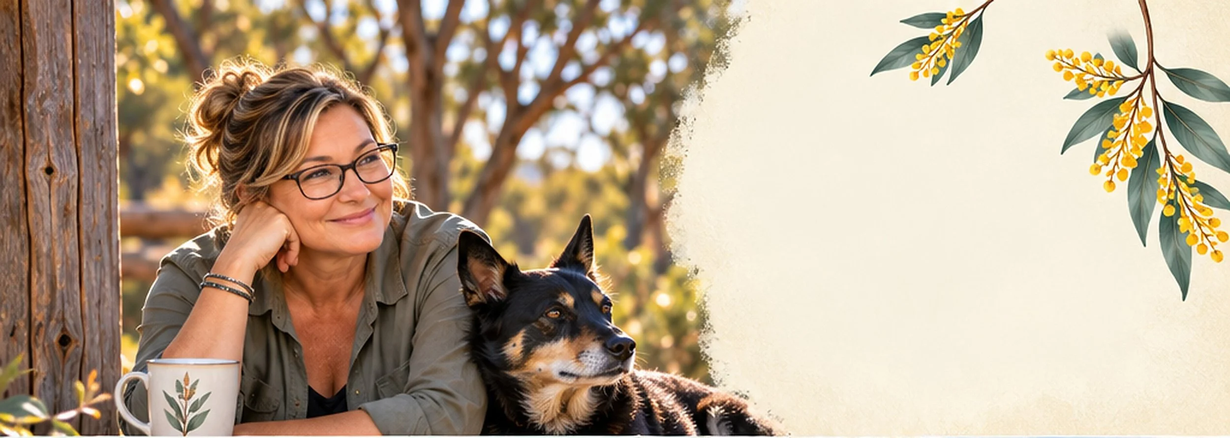 A woman with glasses and blonde hair is leaning on her hand, smiling, while resting her head on a wooden table outdoors. She has a black and tan dog beside her. The background features trees and sunlight. To the right, there is a decorative border with green leaves and yellow flowers on a cream-colored background.