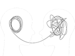 Two stick figures facing each other, connected by a wire with tangled lines coming from each head
