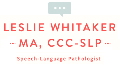 Business card for Leslie Whitaker, speech-language pathologist, with contact information.