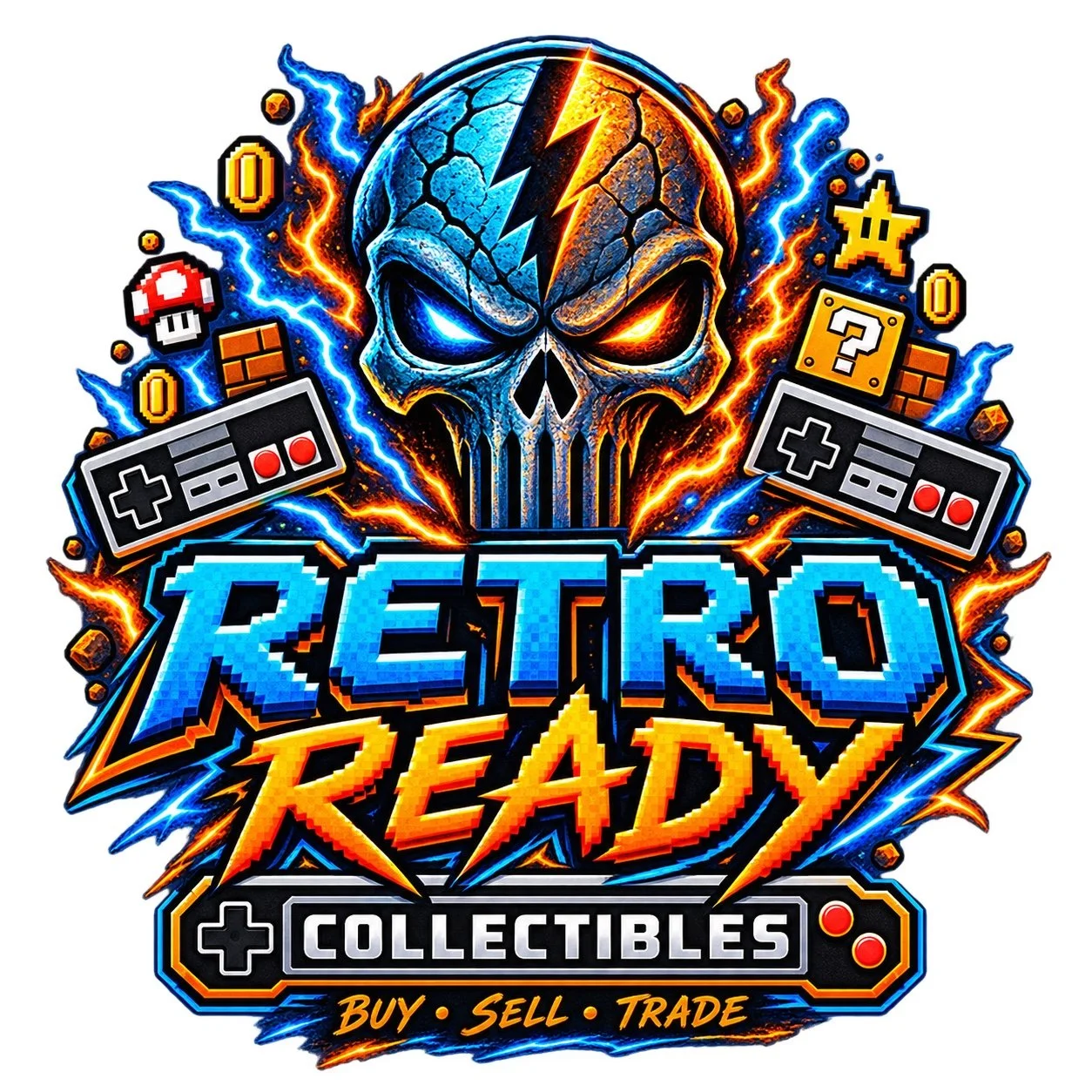 Retro Ready Collectibles flaming skull and classic game controller logo