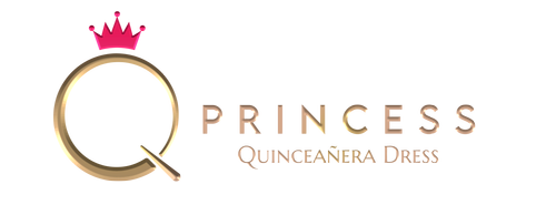 Logo with a gold letter 'Q' wearing a pink crown, followed by the text 'PRINCESS Quinceañera Dress'