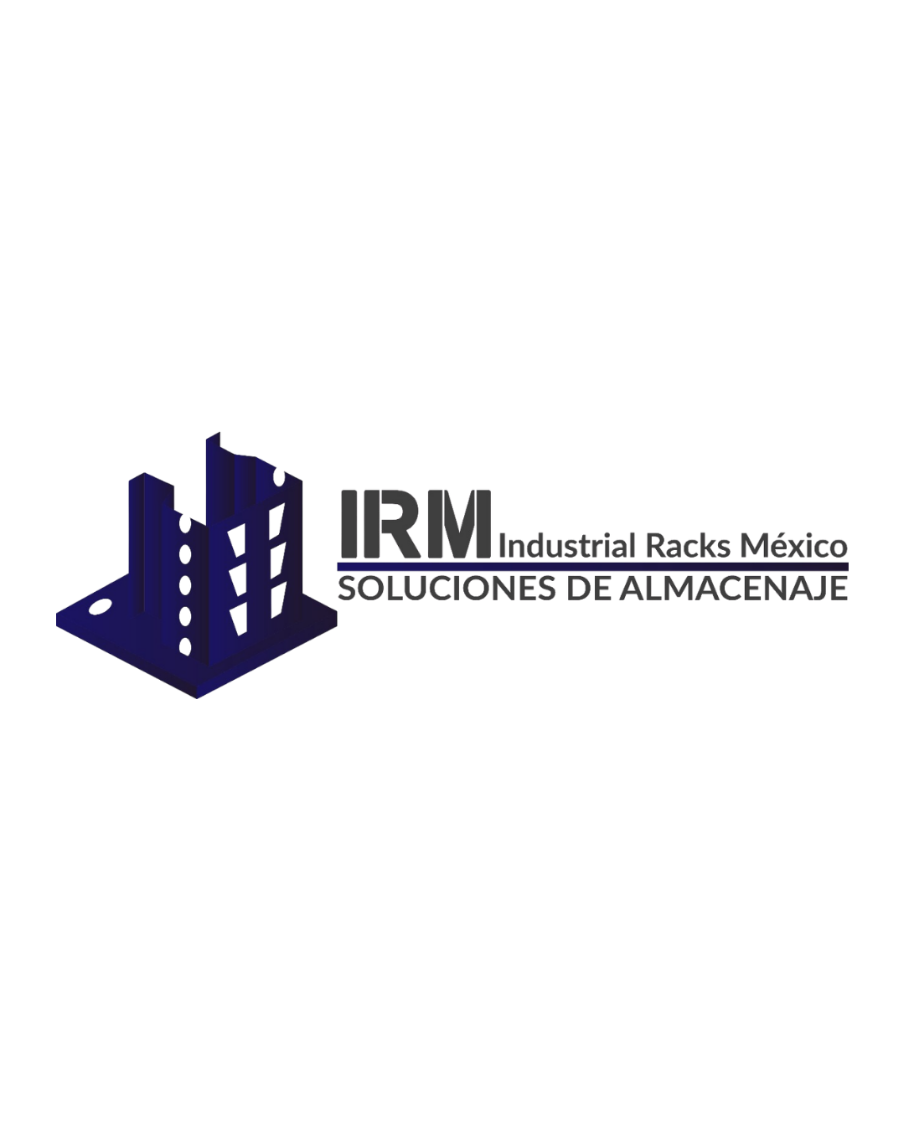Logotipo de IRM Soluciones de Almacenaje, en color azul, con texto en español. La imagen presenta también un diseño de estantería o rack industrial en color azul oscuro.