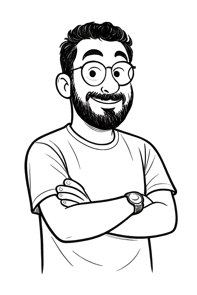 Una ilustración de un hombre con barba, cabello peinado y gafas, con los brazos cruzados, usando una camiseta de manga larga y una pulsera en la muñeca izquierda, en un fondo negro.