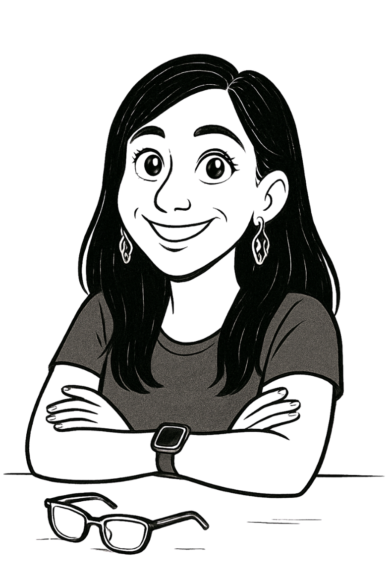 Ilustración de una mujer con cabello largo, usando una camiseta y accesorios como aretes y un reloj, con los brazos cruzados y unas gafas en la mesa frente a ella.
