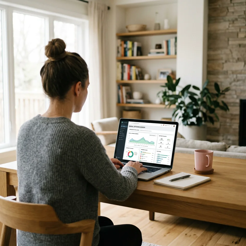 Mujer sentada en una mesa, mirando la pantalla de una laptop con gráficos y estadísticas, en una casa con mucha luz natural y estanterías con libros en el fondo.