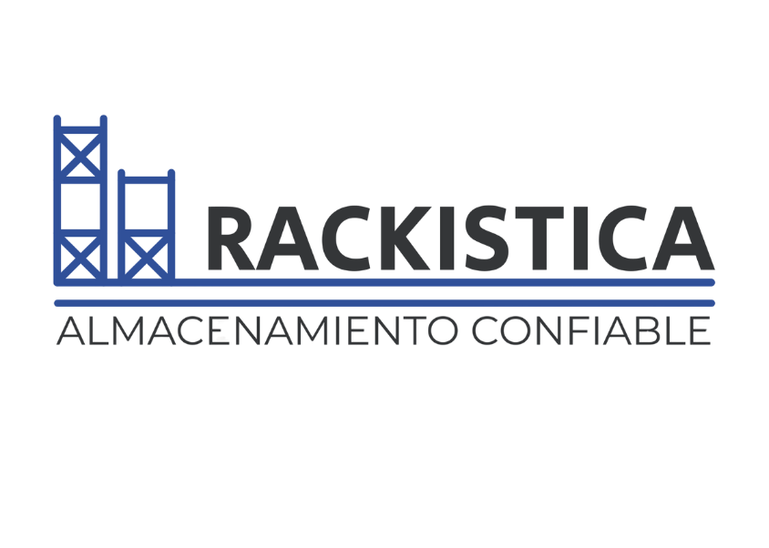 Logotipo de Rackística, una empresa de almacenamiento confiable, con un diseño de estructura de estantería en color azul y texto en negro y gris.