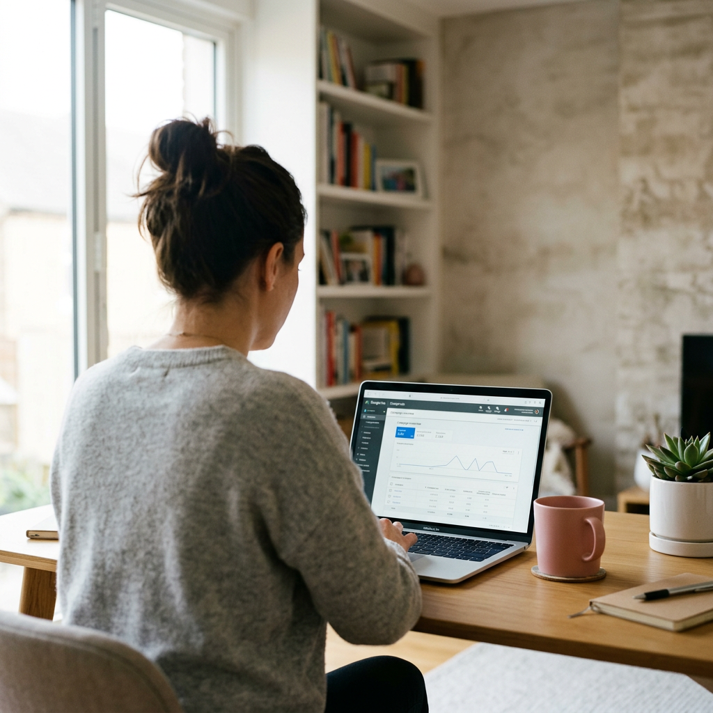 Mujer viendo gráficos en una laptop en un espacio de trabajo con libros y plantas