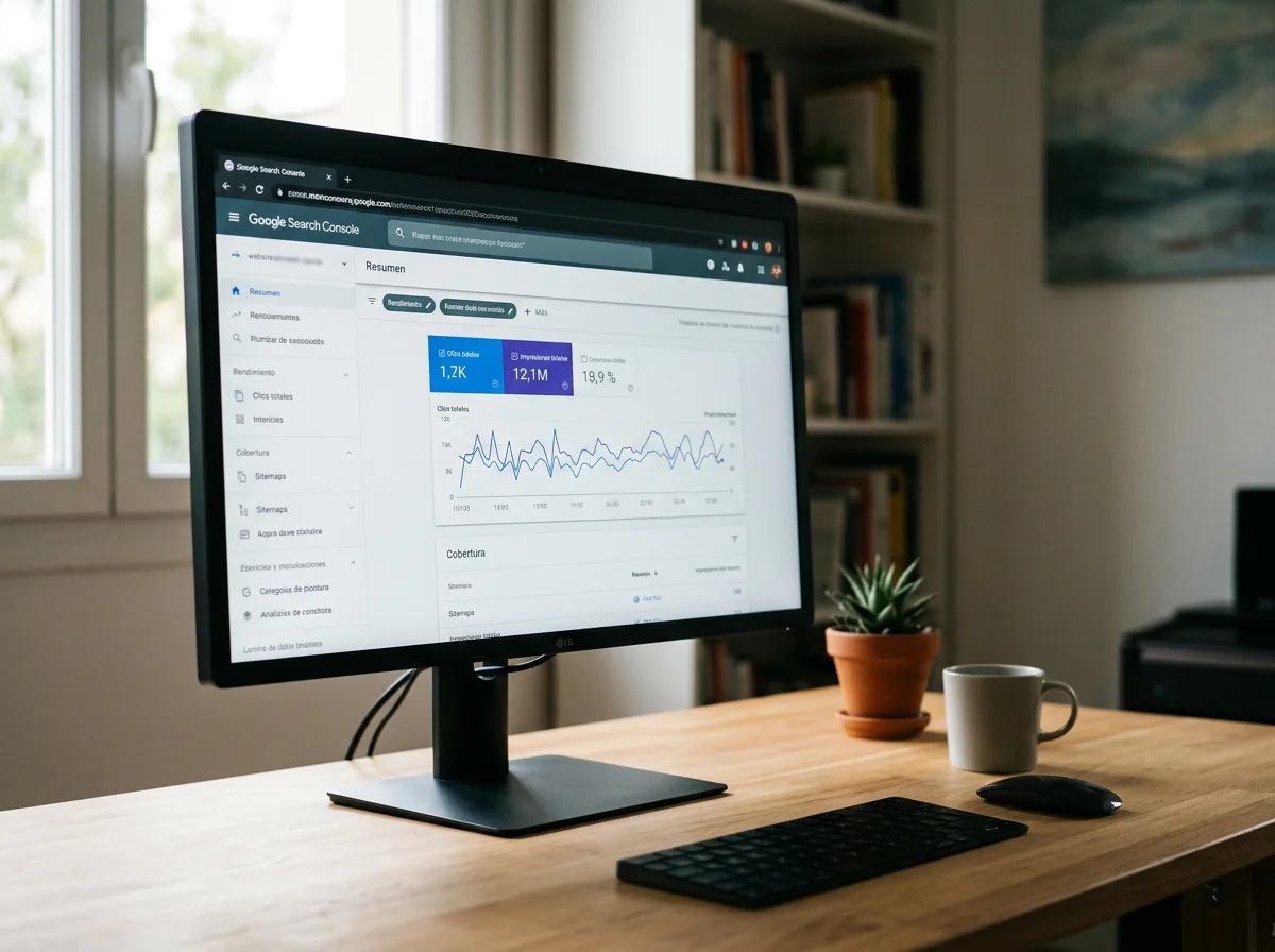 Pantalla de computadora en una mesa de oficina mostrando datos y gráficos de Google Search Console.