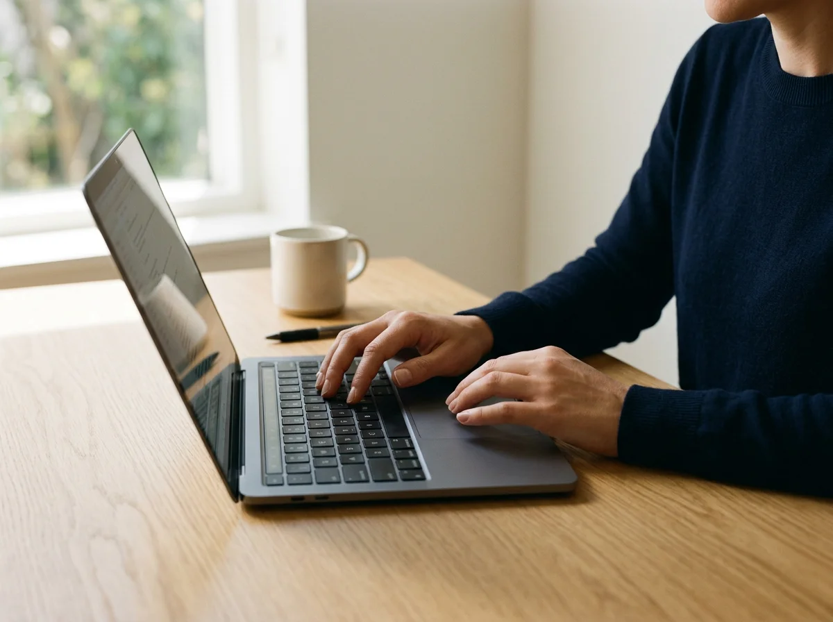 Persona usando una laptop en una mesa de madera, con una taza y un bolígrafo cerca, en un ambiente con luz natural por la ventana.