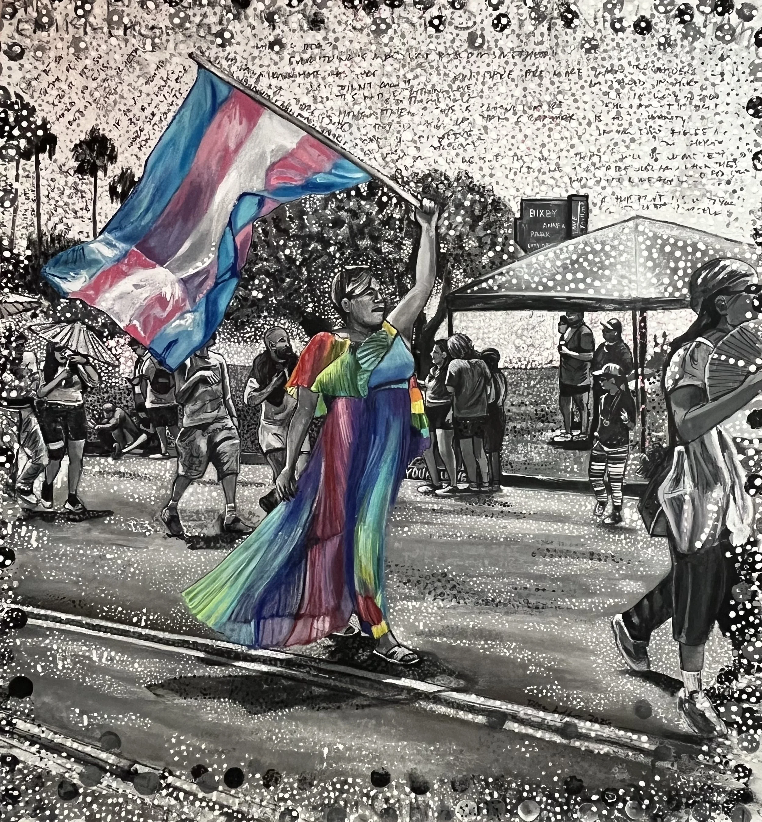 No Pride for some of us without liberation for all of us |
2026 |
Charcoal, Acrylic on Unstretched Canvas |
32 x 35 inches |
$6000