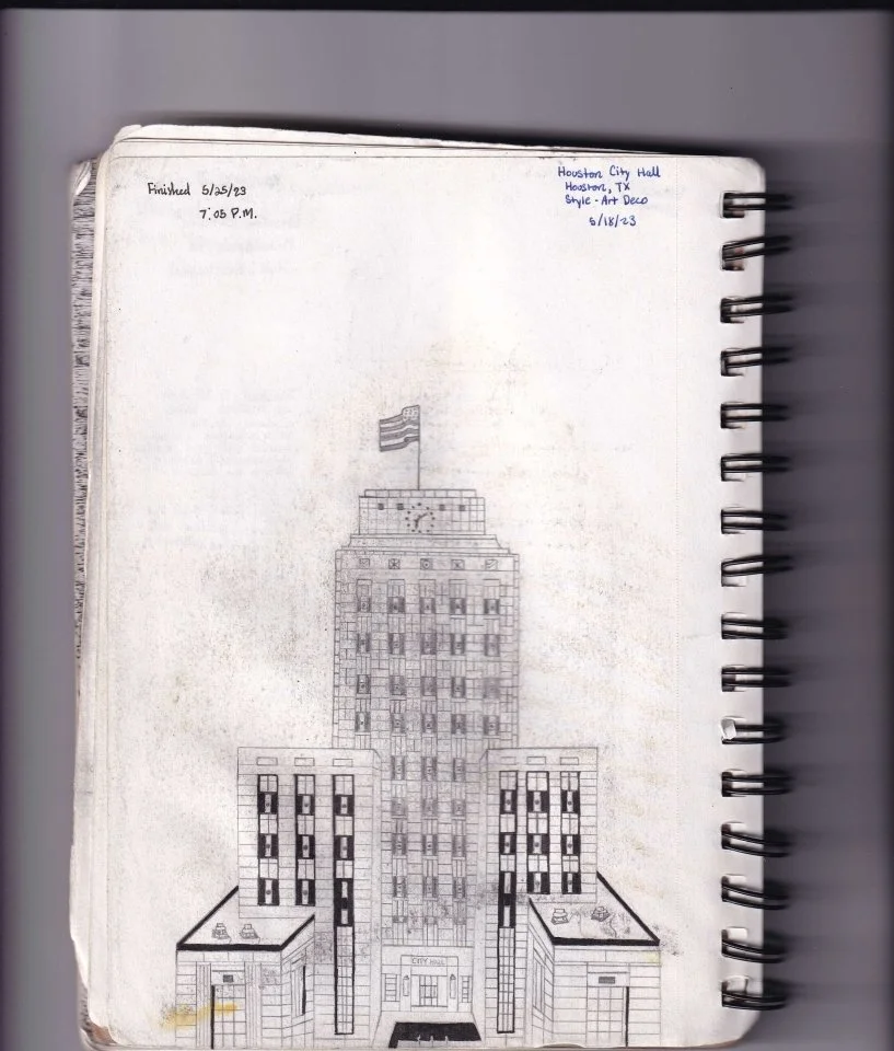 [Sketch #9] Houston City Hall Building Reference [5-25-2023]

Finished 5-25-2023
7:05 P.M.

Houston City Hall (Reference)
Houston, TX
Style - Art Deco
5-18-2023 [Started the drawing]