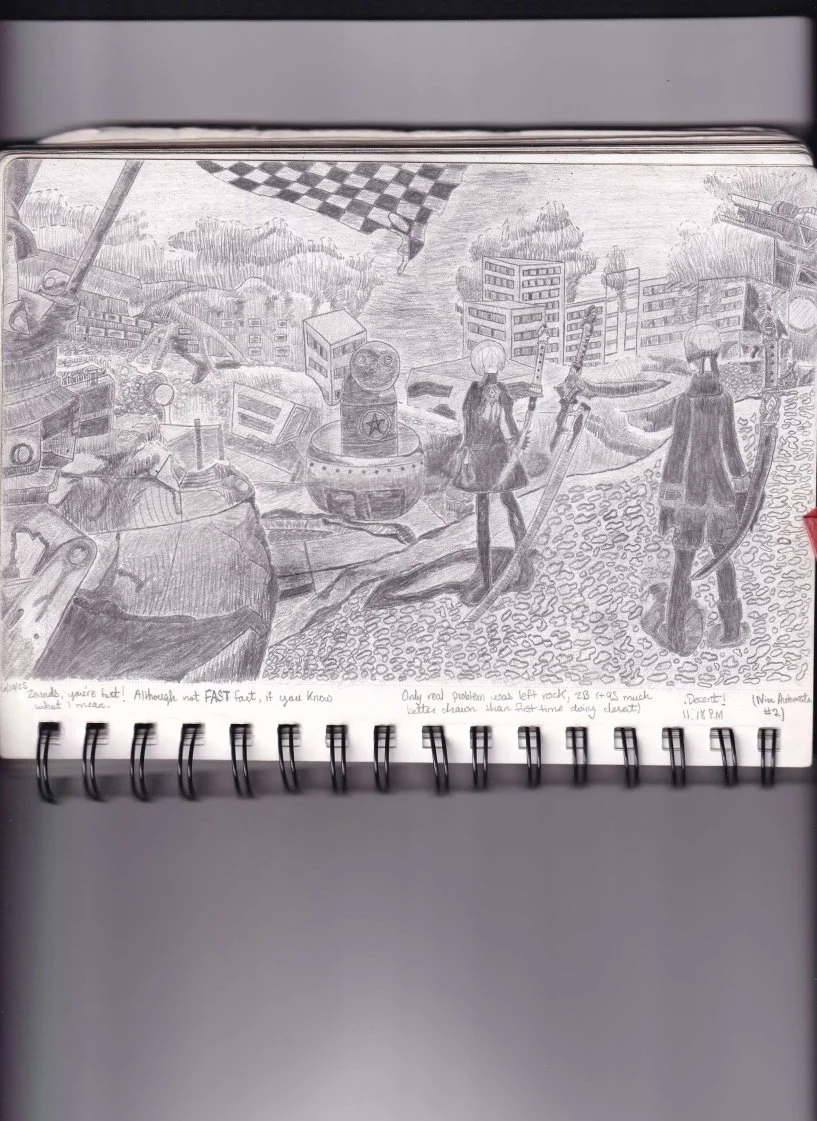 [NieR Automata #2 - Reference] Race Against a Robot [6-10-2025]

Sketchbook:
Robot speaking to robots 2B (left) and 9S (right):
Zounds, you're fast! Although not Fast fast, if you know what I mean.

Only real problem was left rock (+ 9S much better d