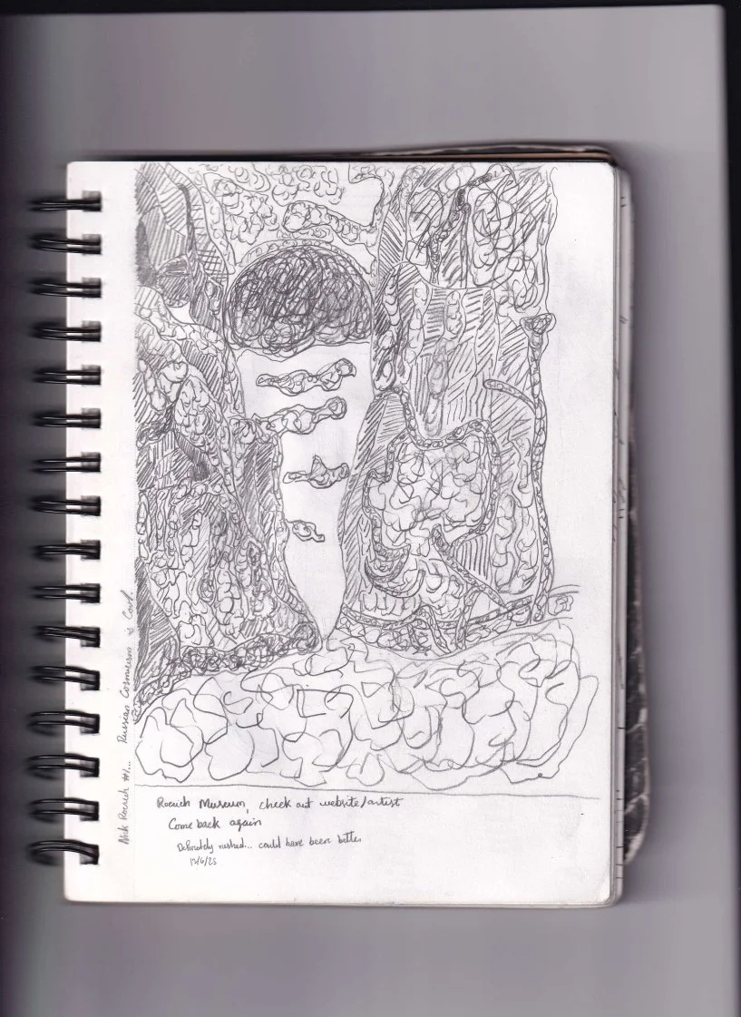 [Central Park Sketching #7] Nicholas Roerich Museum [12-06-2025]

Sketchbook:
Nick Roerich #1...
Russian Cosmicism is Cool (left)

(Bottom Left)
Roerich Museum, check out website/artist
Come back again

Definetely rushed... could have been better
12/