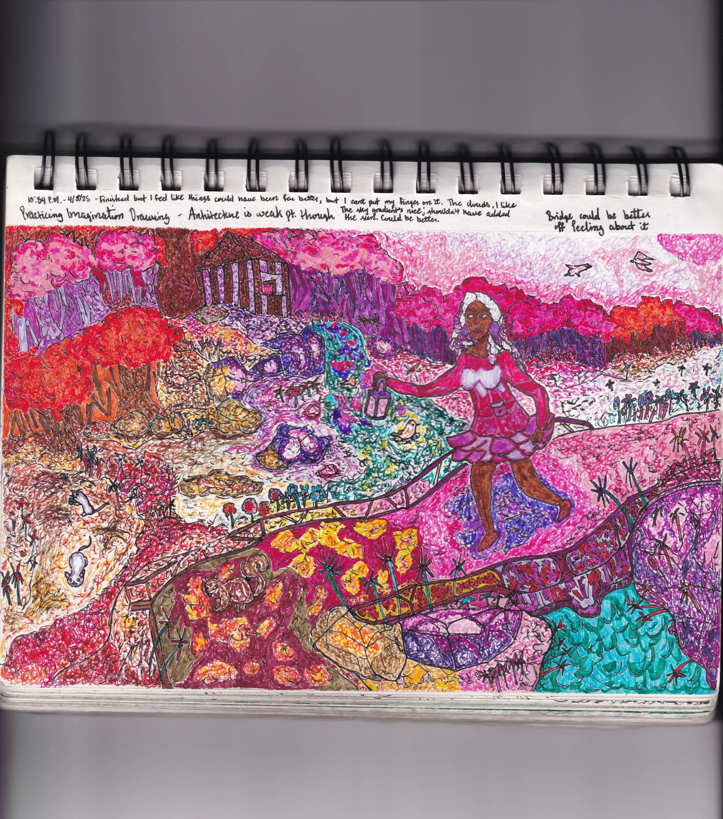 Girl Wandering in a Warm Forest [4-5-2026]

Sketchbook:
10:54 P.M. - (4/5/2026; the 25's an error)
Finished, but I feel like things could have been far better, but I can't put my finger on it. The clouds, I like.
The sky gradient's nice; shouldn't ha